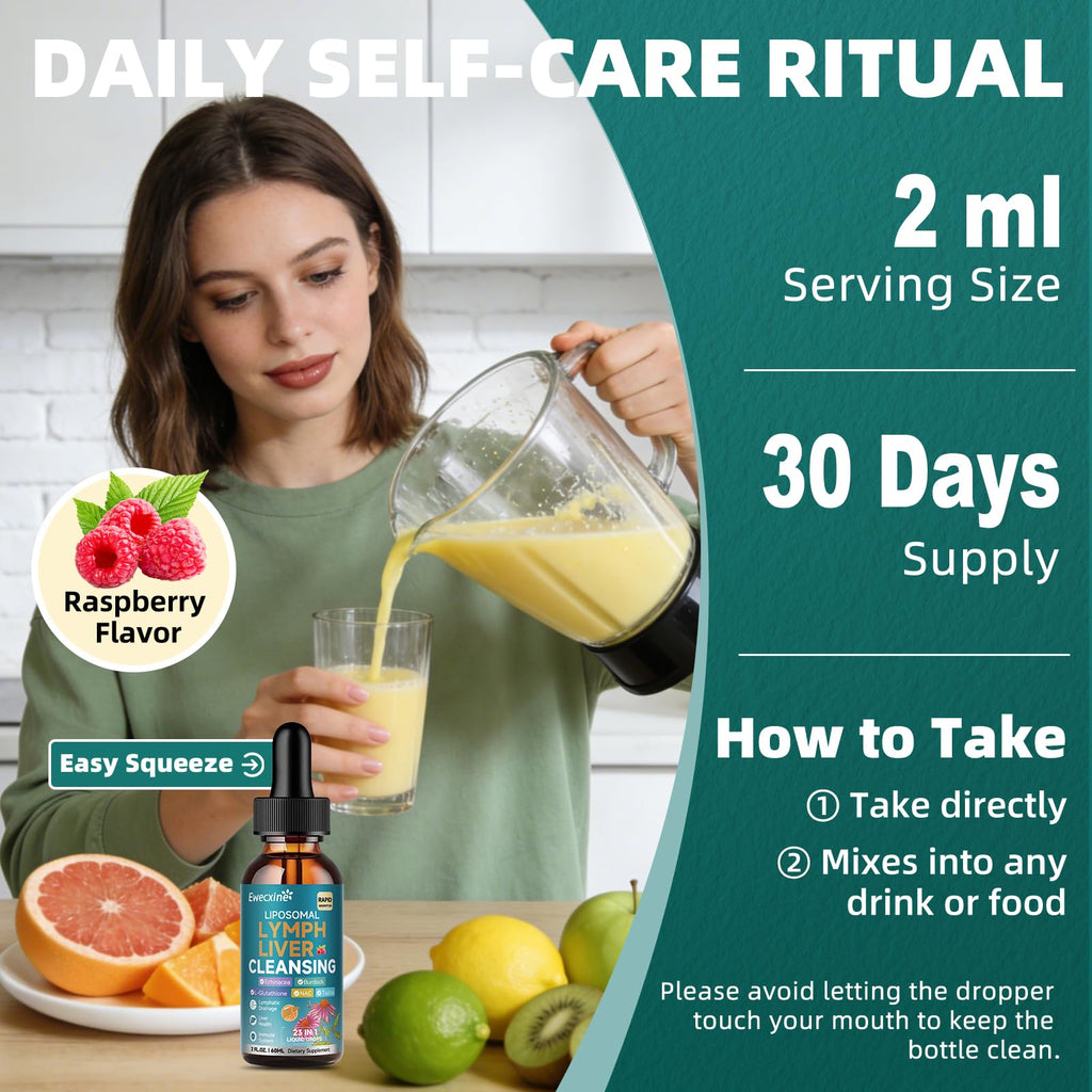 Liposomal Lymphatic Drainage & Liver Cleanse Drops, 23-in-1 with Echinacea, NAC, TUDCA, L-Glutathione, Burdock for Lymph, Liver Detox & Repair, Immune Support, Raspberry Flavor, 2 fl oz Supplement - Maple Wellness Supplements