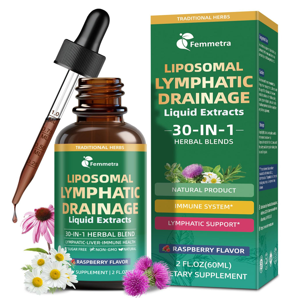 Liposomal Lymphatic Drainage Supplements with 30-in-1 Herbal Blend - Echinacea | Oregano | Milk Thistle - Sugar Free Lymph System Drops - Immune Support, Cleanse & Detox, Raspberry Flavor, 2 fl oz - Maple Wellness Supplements