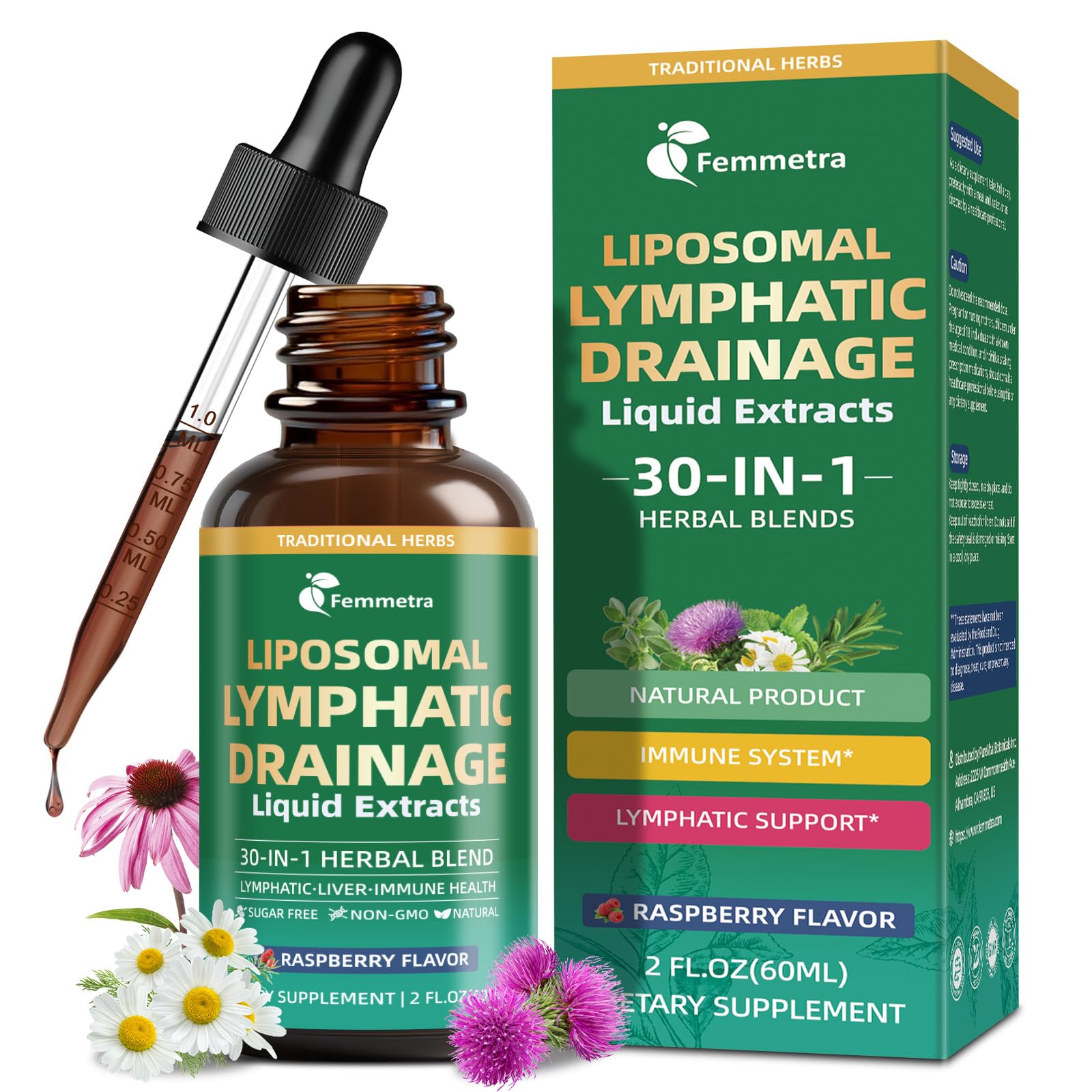 Liposomal Lymphatic Drainage Supplements with 30-in-1 Herbal Blend - Echinacea | Oregano | Milk Thistle - Sugar Free Lymph System Drops - Immune Support, Cleanse & Detox, Raspberry Flavor, 2 fl oz - Maple Wellness Supplements