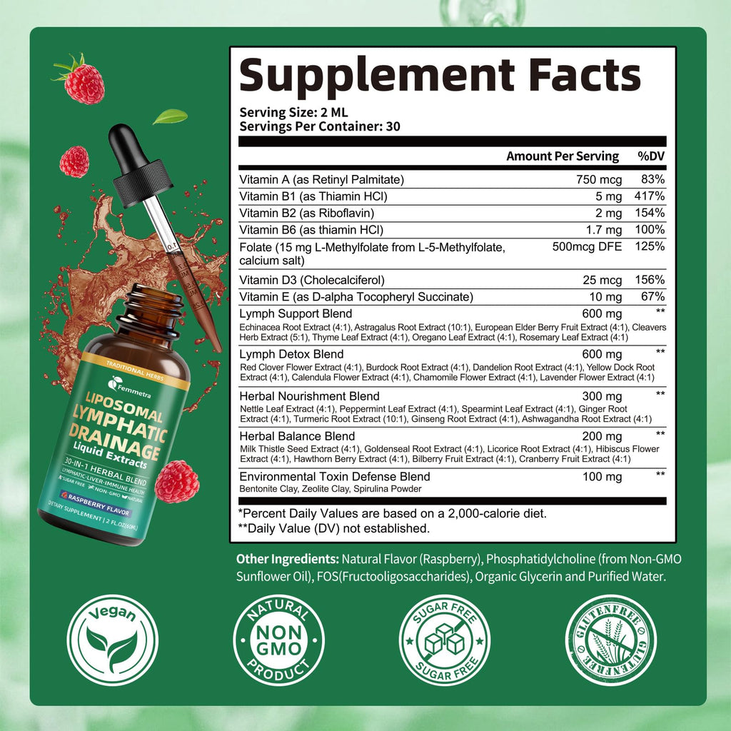 Liposomal Lymphatic Drainage Supplements with 30-in-1 Herbal Blend - Echinacea | Oregano | Milk Thistle - Sugar Free Lymph System Drops - Immune Support, Cleanse & Detox, Raspberry Flavor, 2 fl oz - Maple Wellness Supplements