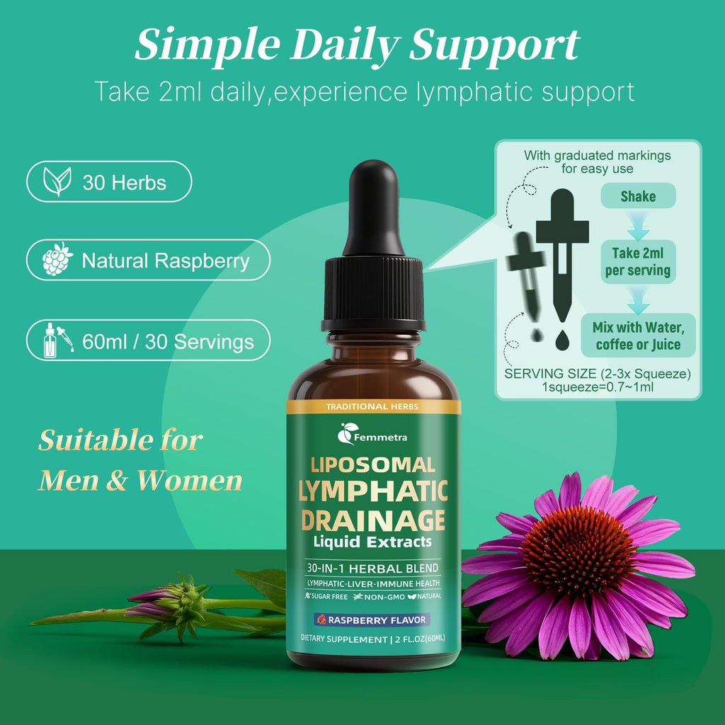 Liposomal Lymphatic Drainage Supplements with 30-in-1 Herbal Blend - Echinacea | Oregano | Milk Thistle - Sugar Free Lymph System Drops - Immune Support, Cleanse & Detox, Raspberry Flavor, 2 fl oz - Maple Wellness Supplements