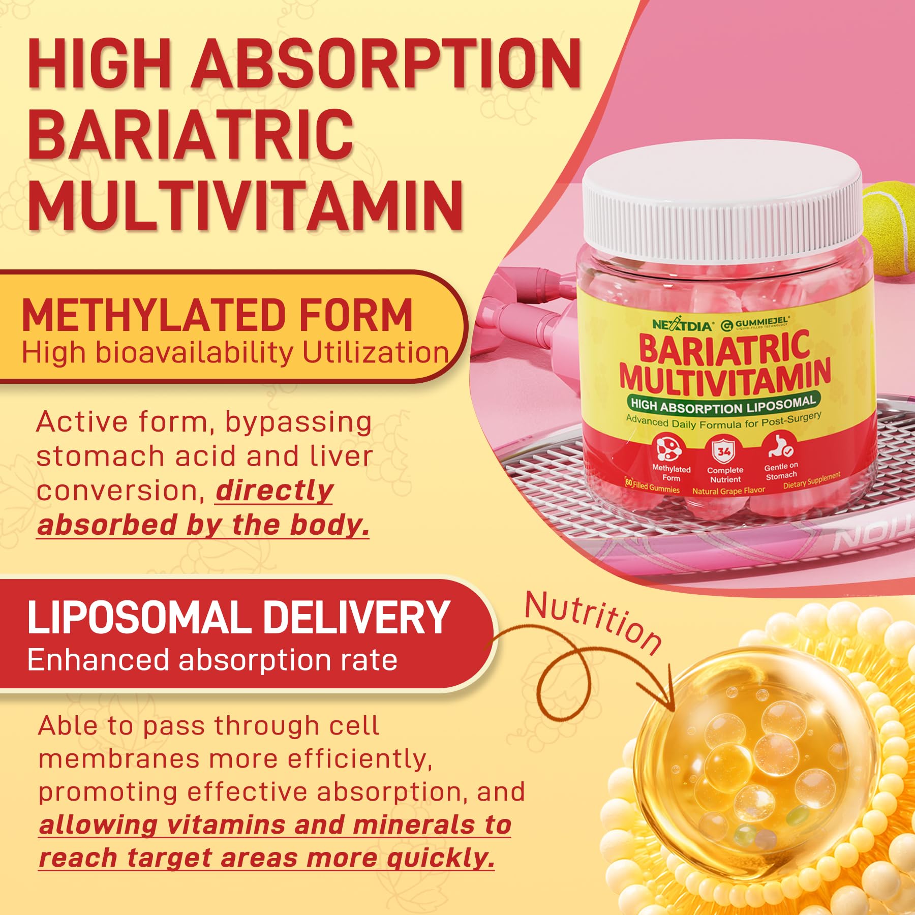 Liposomal Methylated Bariatric Multivitamin Gummies with Iron for Women & Men, High Absorption Multivitamin w/CoQ 10, Probiotic, Digestive Enzymes Support Gastric Bypass & Sleeve Recover, Energy,1Pack - TrustMedUSA