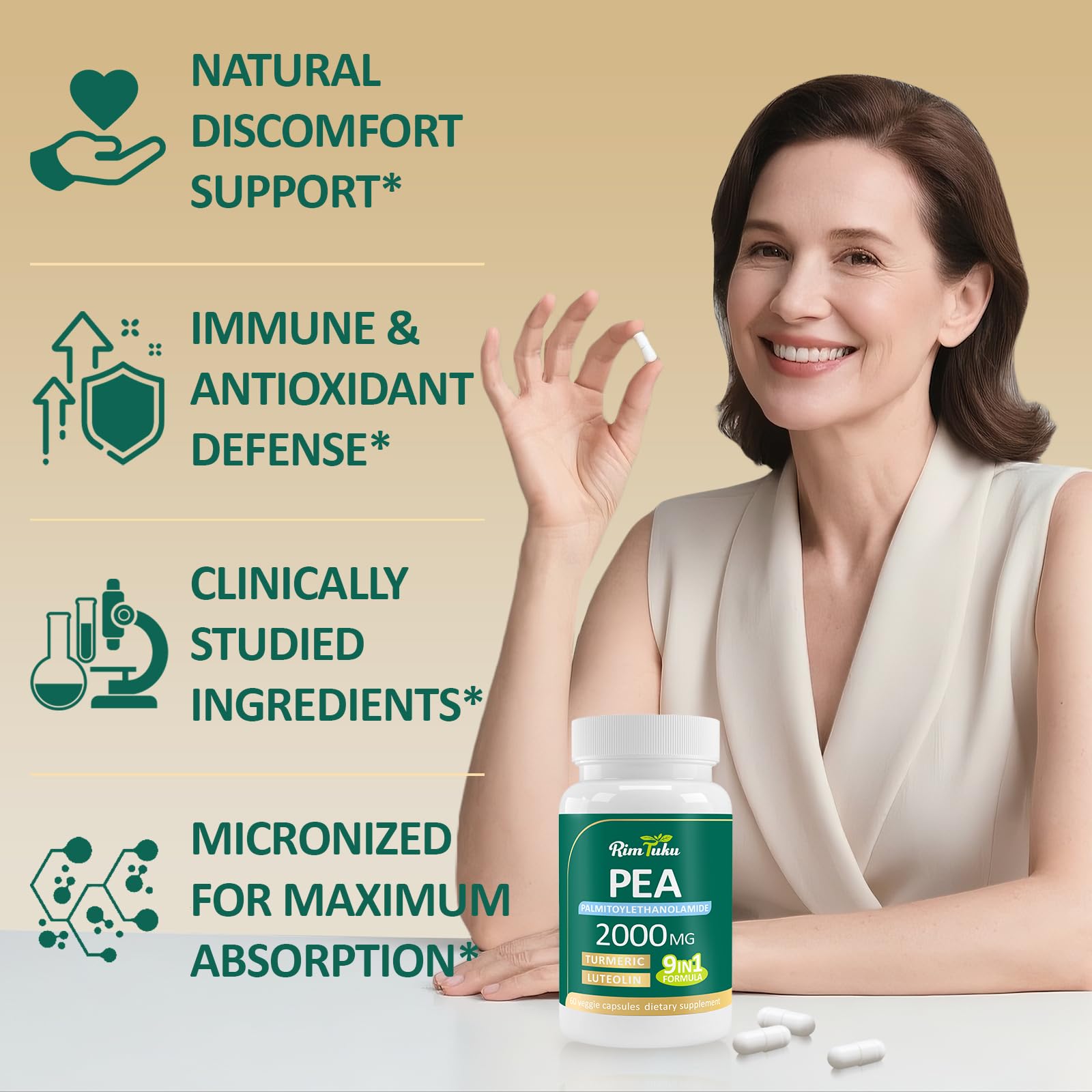 Liposomal Palmitoylethanolamide 2000MG + Luteolin 200MG + Turmeric 200MG & Fisetin 100MG, Micronized Pea 99% Highly Purified Enhanced Absorption Pea Supplement, 120 Capsules - TrustMedUSA