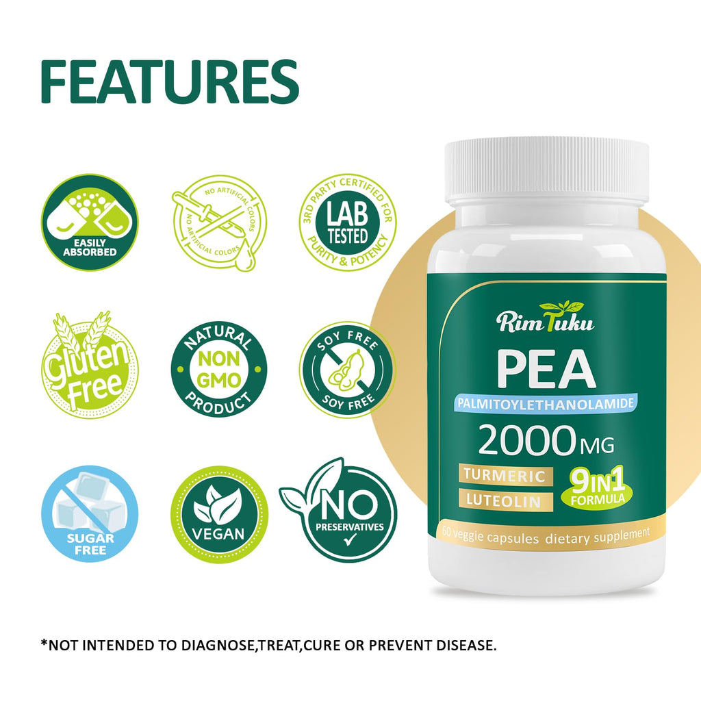 Liposomal Palmitoylethanolamide 2000MG + Luteolin 200MG + Turmeric 200MG & Fisetin 100MG, Micronized Pea 99% Highly Purified Enhanced Absorption Pea Supplement, 120 Capsules - TrustMedUSA