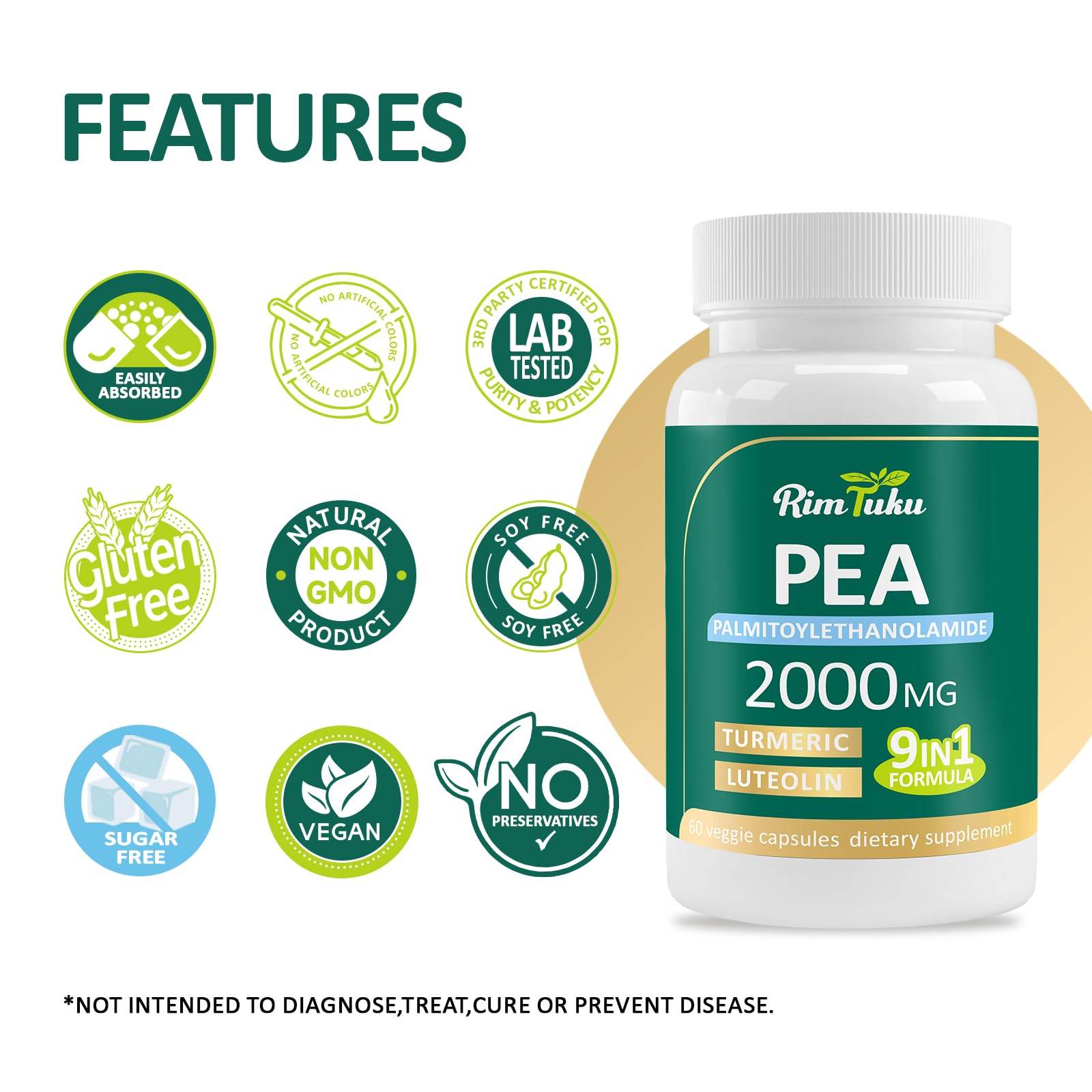 Liposomal Palmitoylethanolamide 2000MG + Luteolin 200MG + Turmeric 200MG & Fisetin 100MG, Micronized Pea 99% Highly Purified Enhanced Absorption Pea Supplement, 120 Capsules - TrustMedUSA