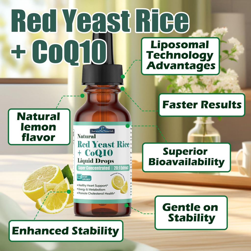 Liposomal Red Yeast Rice with Coq10 Liquid Drops, 5-in-1 Extra Strength 1200mg Cholesterol & Heart Support w. Citrus Bergamot Alpha Lipoic Acid | Cholesterol Lowering Supplement | GMO & Citrinin Free - TrustMedUSA