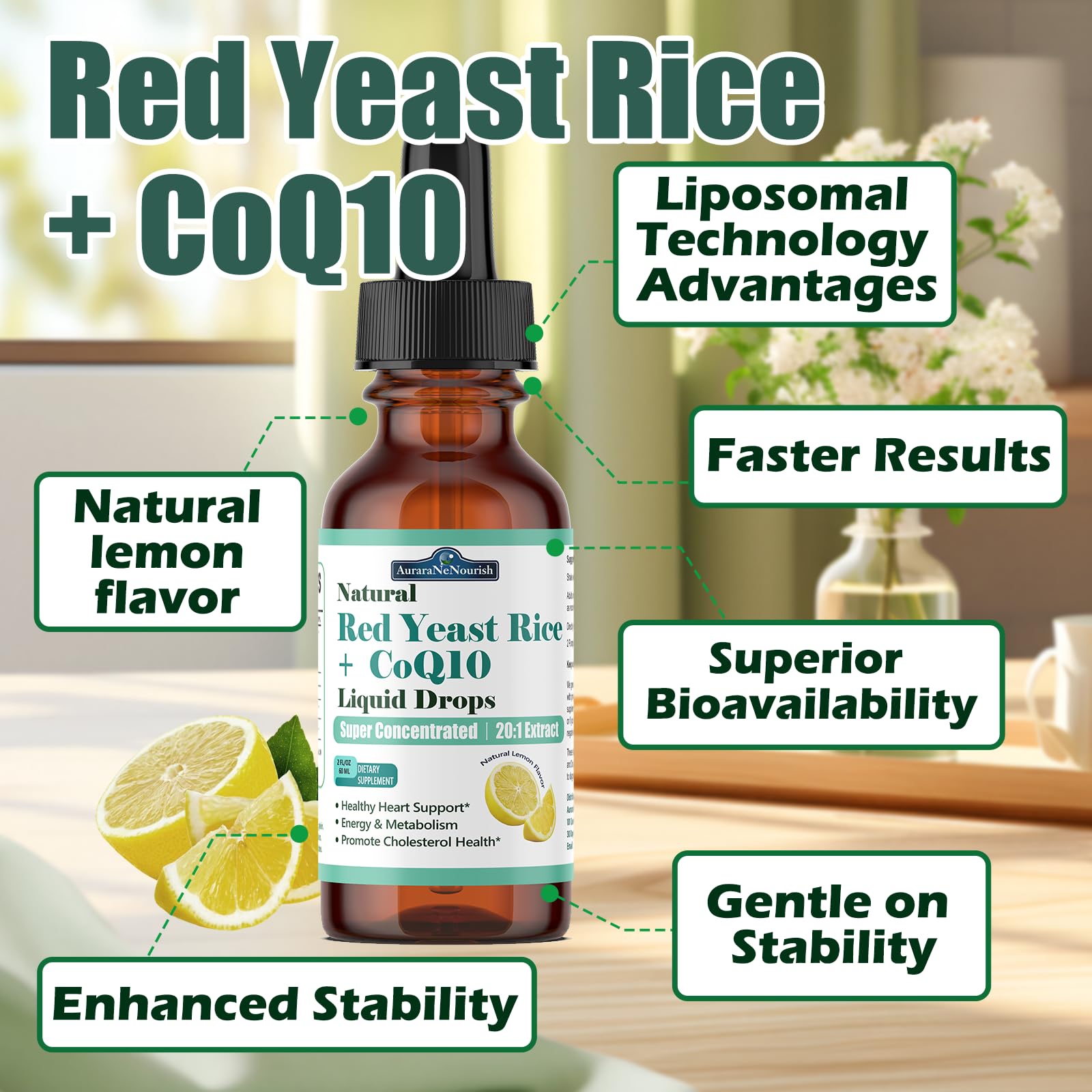 Liposomal Red Yeast Rice with Coq10 Liquid Drops, 5-in-1 Extra Strength 1200mg Cholesterol & Heart Support w. Citrus Bergamot Alpha Lipoic Acid | Cholesterol Lowering Supplement | GMO & Citrinin Free - TrustMedUSA