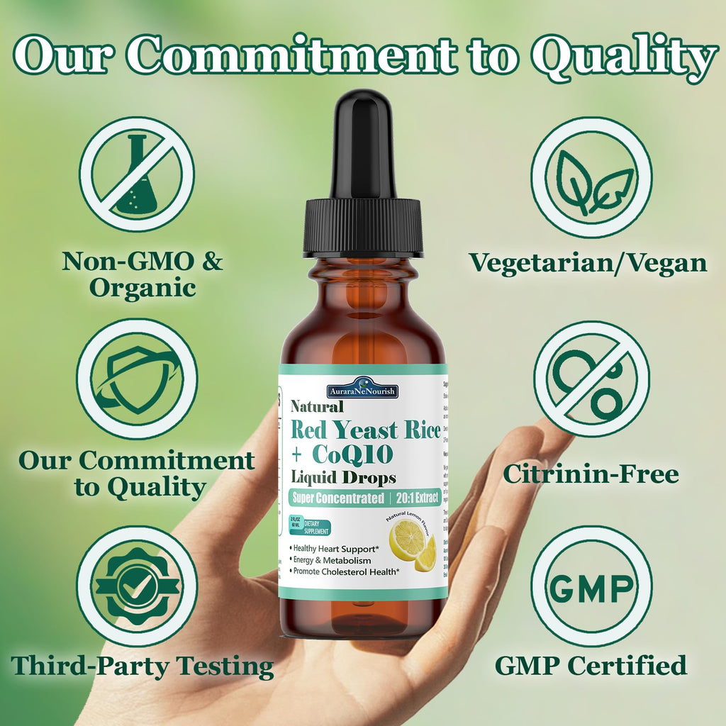 Liposomal Red Yeast Rice with Coq10 Liquid Drops, 5-in-1 Extra Strength 1200mg Cholesterol & Heart Support w. Citrus Bergamot Alpha Lipoic Acid | Cholesterol Lowering Supplement | GMO & Citrinin Free - TrustMedUSA
