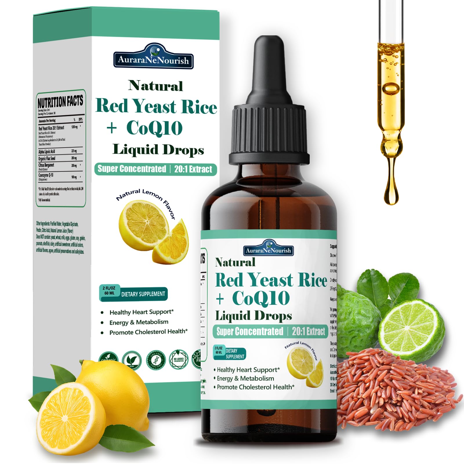 Liposomal Red Yeast Rice with Coq10 Liquid Drops, 5-in-1 Extra Strength 1200mg Cholesterol & Heart Support w. Citrus Bergamot Alpha Lipoic Acid | Cholesterol Lowering Supplement | GMO & Citrinin Free - TrustMedUSA