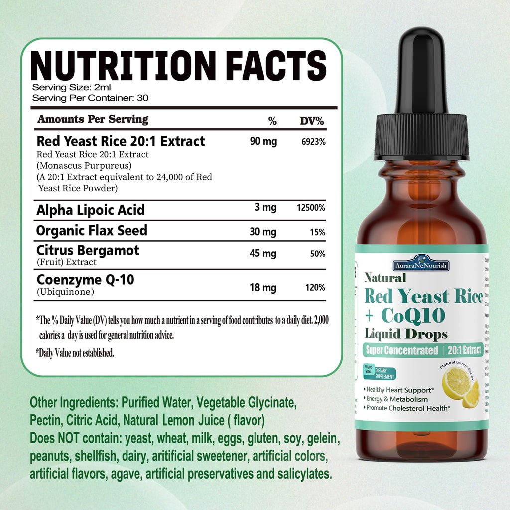 Liposomal Red Yeast Rice with Coq10 Liquid Drops, 5-in-1 Extra Strength 1200mg Cholesterol & Heart Support w. Citrus Bergamot Alpha Lipoic Acid | Cholesterol Lowering Supplement | GMO & Citrinin Free - TrustMedUSA