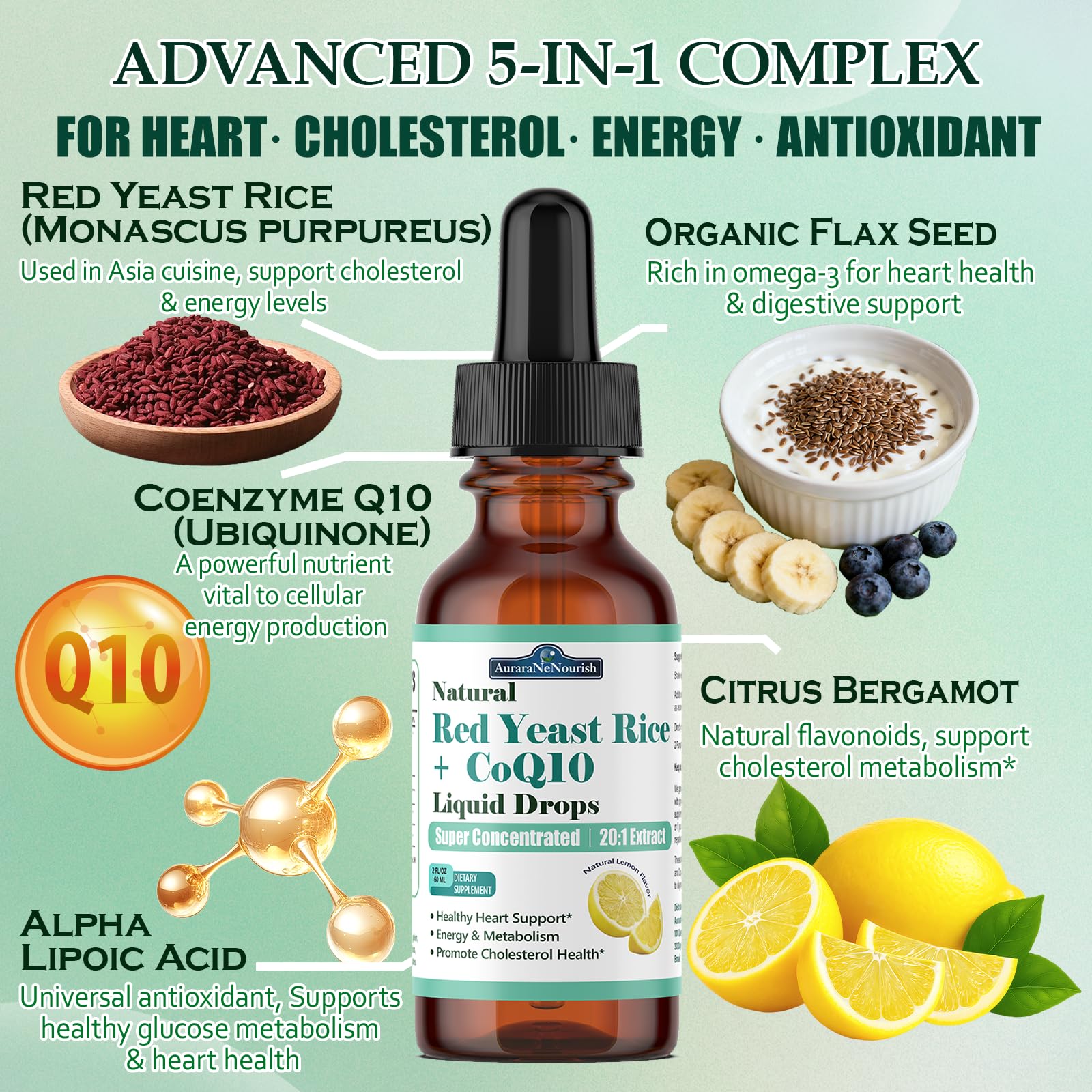 Liposomal Red Yeast Rice with Coq10 Liquid Drops, 5-in-1 Extra Strength 1200mg Cholesterol & Heart Support w. Citrus Bergamot Alpha Lipoic Acid | Cholesterol Lowering Supplement | GMO & Citrinin Free - TrustMedUSA