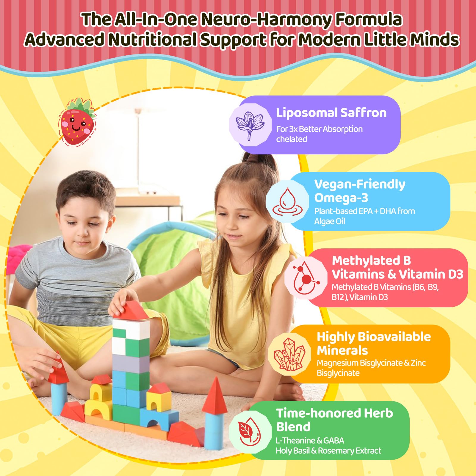 Liposomal Saffron Gummies for Kids 4+, Saffron Supplements w/Holy Basil, Rosemary, Magnesium Glycinate, Omega-3 & More, Brain Focus Support Supplement, Vegan, Organic, Sugar Free, 60 Chewables - TrustMedUSA