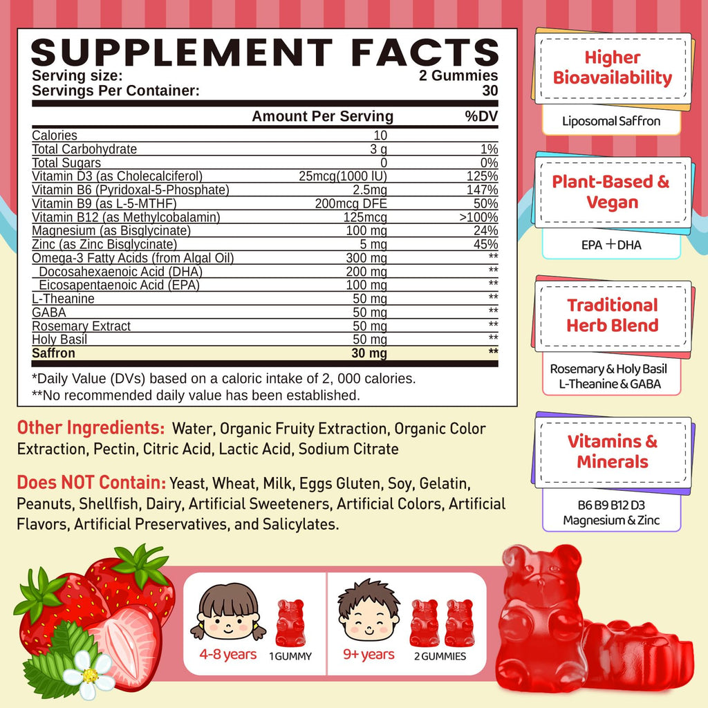 Liposomal Saffron Gummies for Kids 4+, Saffron Supplements w/Holy Basil, Rosemary, Magnesium Glycinate, Omega-3 & More, Brain Focus Support Supplement, Vegan, Organic, Sugar Free, 60 Chewables - TrustMedUSA