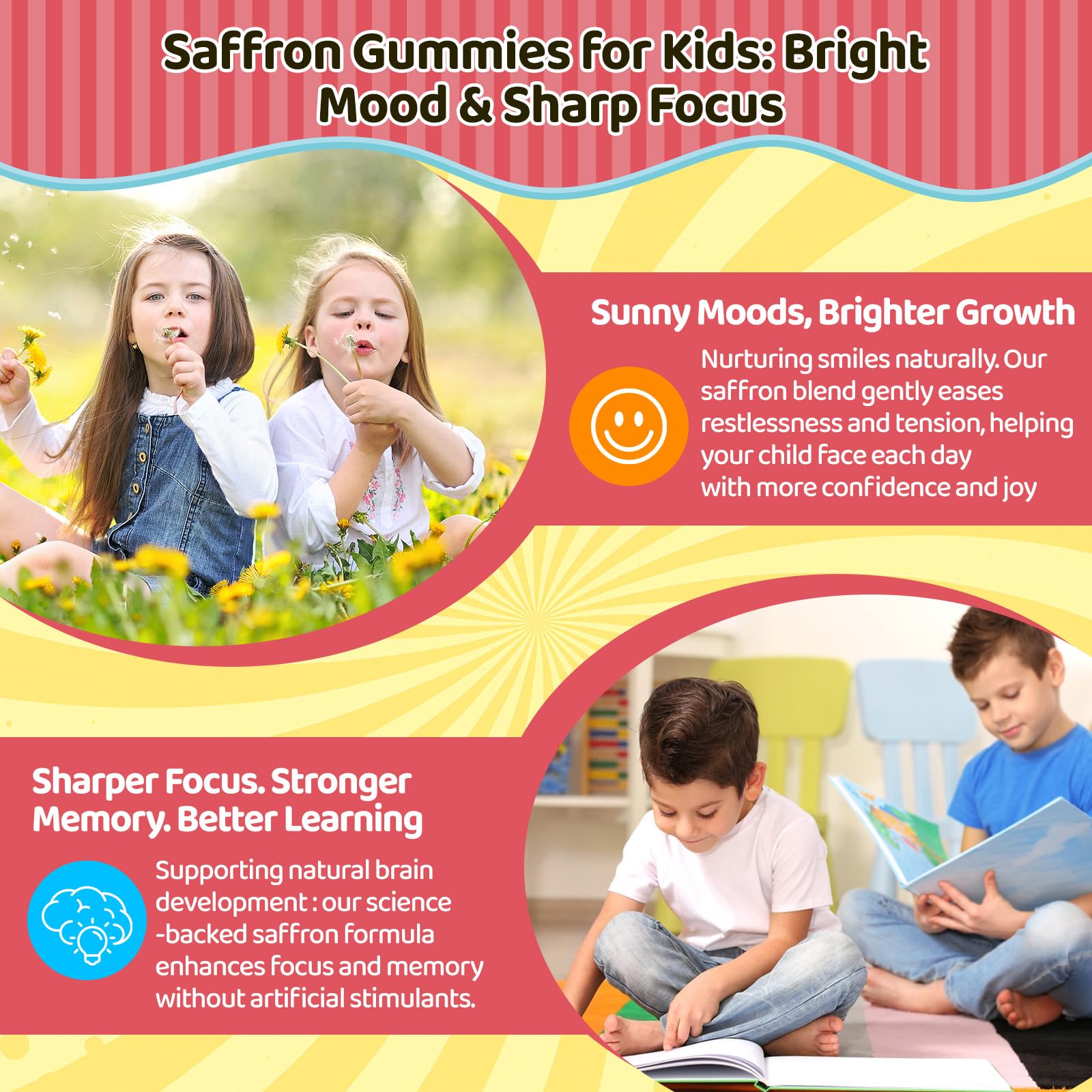 Liposomal Saffron Gummies for Kids 4+, Saffron Supplements w/Holy Basil, Rosemary, Magnesium Glycinate, Omega-3 & More, Brain Focus Support Supplement, Vegan, Organic, Sugar Free, 60 Chewables - TrustMedUSA