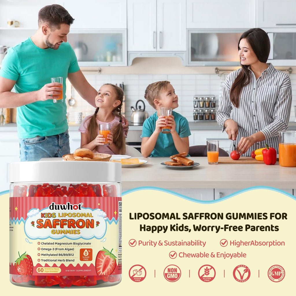 Liposomal Saffron Gummies for Kids 4+, Saffron Supplements w/Holy Basil, Rosemary, Magnesium Glycinate, Omega-3 & More, Brain Focus Support Supplement, Vegan, Organic, Sugar Free, 60 Chewables - TrustMedUSA