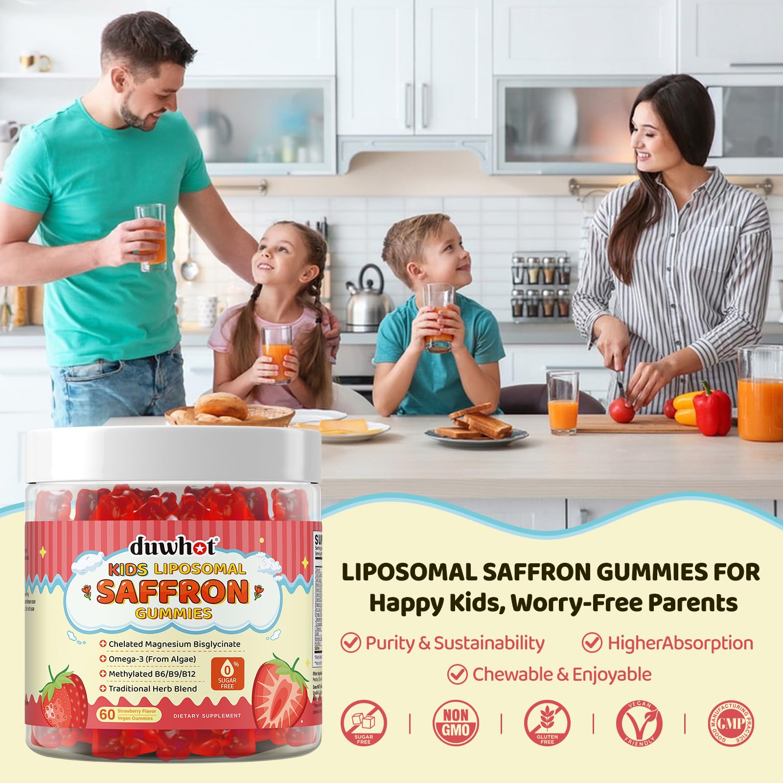 Liposomal Saffron Gummies for Kids 4+, Saffron Supplements w/Holy Basil, Rosemary, Magnesium Glycinate, Omega-3 & More, Brain Focus Support Supplement, Vegan, Organic, Sugar Free, 60 Chewables - TrustMedUSA
