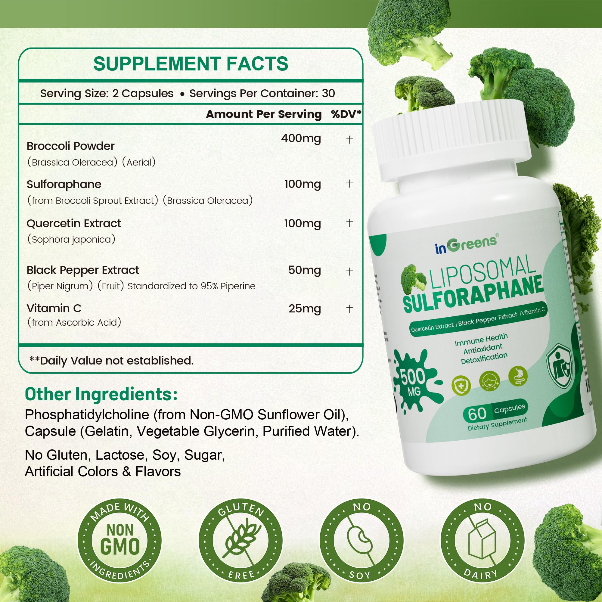 Liposomal Sulforaphane 500mg Supplement from Broccoli Extract with Quercetin, Black Pepper & Vitamin C – Antioxidant, Detox & Cellular Support, Cellular Health Formula for Men & Women, 60 Capsules - TrustMedUSA
