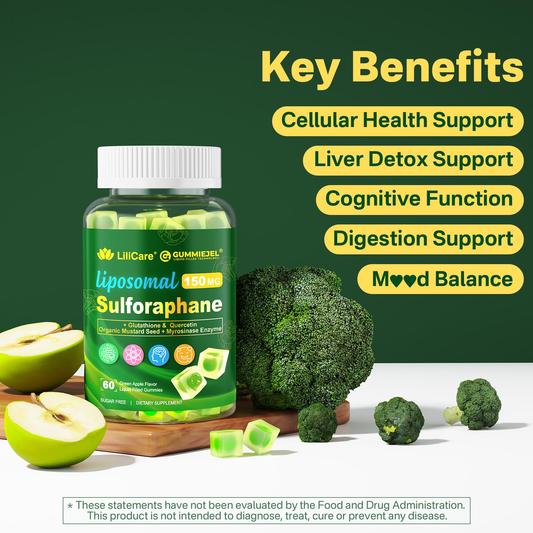 Liposomal Sulforaphane Supplement 150mg, from Broccoli Seed Extract w/Myrosinase, Quercetin, Glutathione, Sulforaphane Supplement Gummies for Antioxidants Detox Cellular Brain Health, Chewable 60Cts - TrustMedUSA