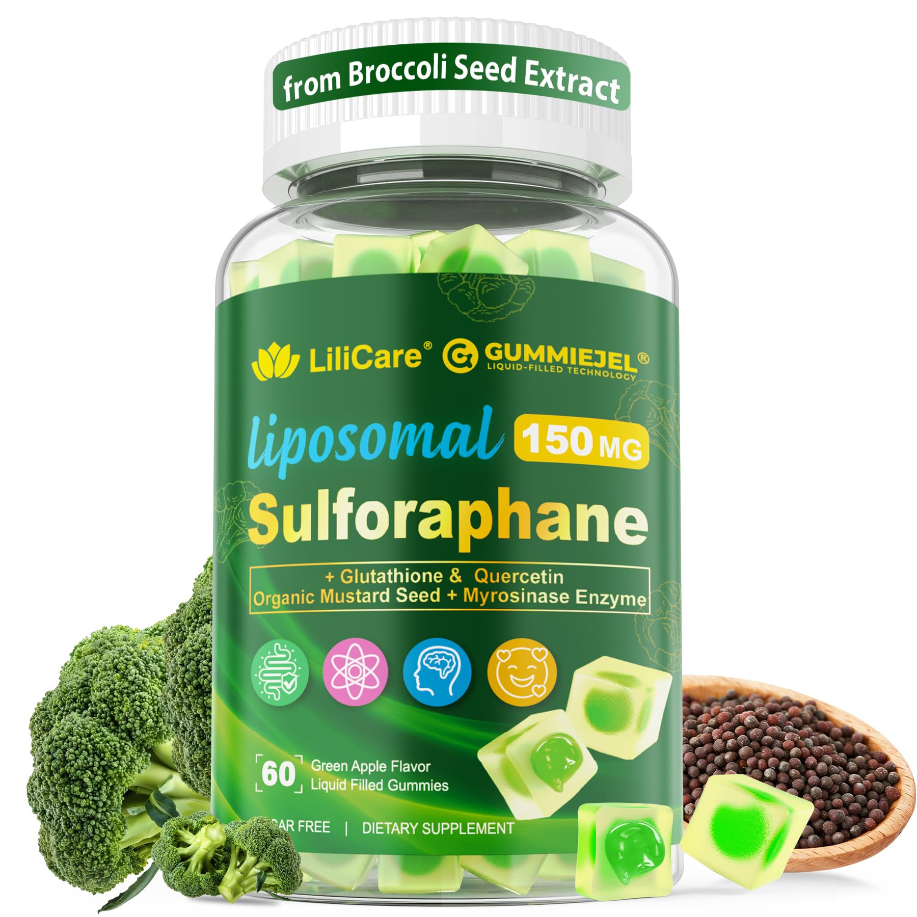 Liposomal Sulforaphane Supplement 150mg, from Broccoli Seed Extract w/Myrosinase, Quercetin, Glutathione, Sulforaphane Supplement Gummies for Antioxidants Detox Cellular Brain Health, Chewable 60Cts - TrustMedUSA