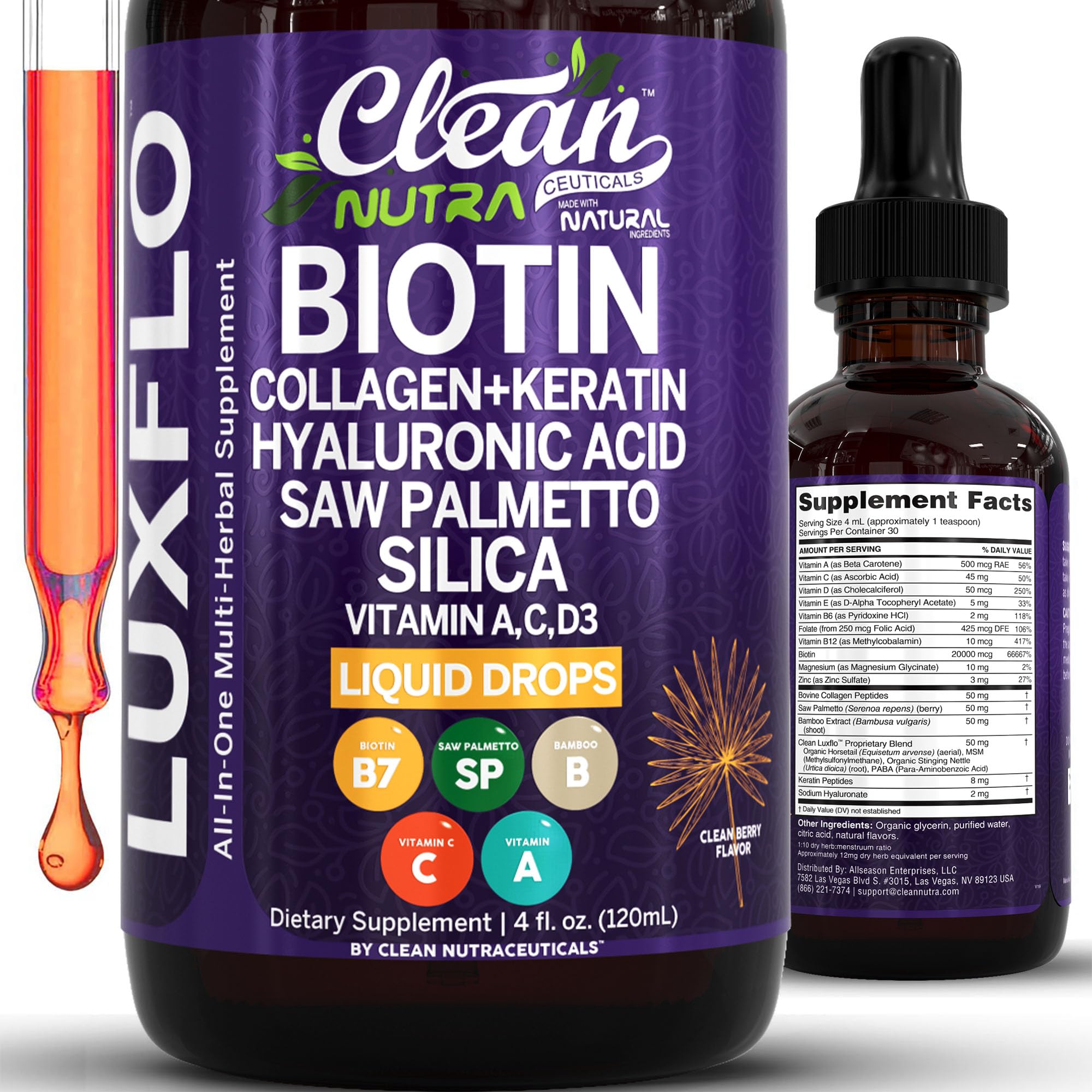 Liquid Biotin & Collagen Keratin Hyaluronic Acid Saw Palmetto Drops Vitamins for Hair Growth Support Silica Vitamin A C D Bamboo Turmeric Zinc Folate Magnesium Horsetail LuxFlo By Clean Nutra - TrustMedUSA