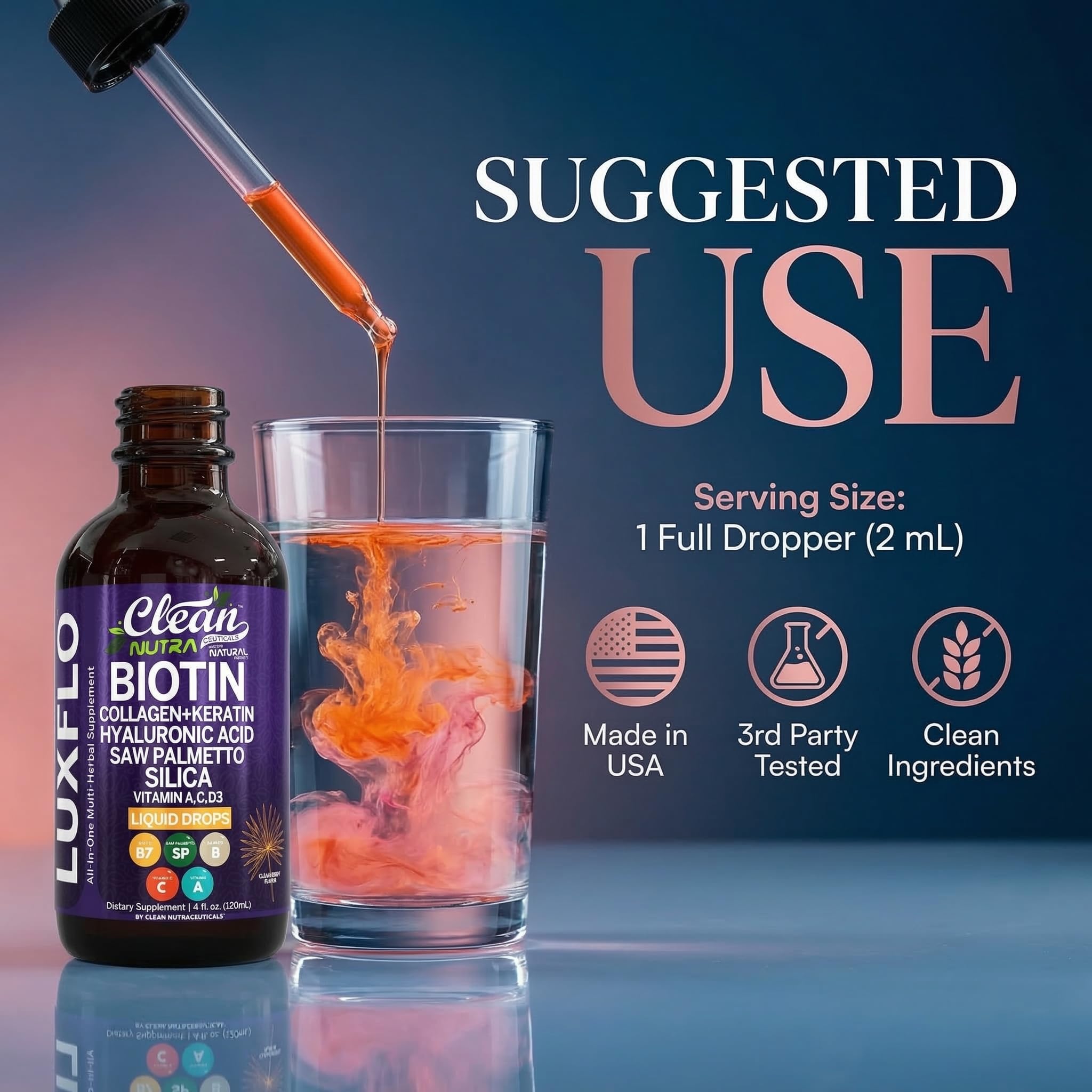 Liquid Biotin & Collagen Keratin Hyaluronic Acid Saw Palmetto Drops Vitamins for Hair Growth Support Silica Vitamin A C D Bamboo Turmeric Zinc Folate Magnesium Horsetail LuxFlo By Clean Nutra - TrustMedUSA