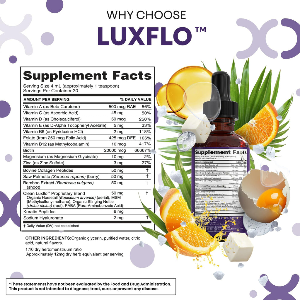 Liquid Biotin & Collagen Keratin Hyaluronic Acid Saw Palmetto Drops Vitamins for Hair Growth Support Silica Vitamin A C D Bamboo Turmeric Zinc Folate Magnesium Horsetail LuxFlo By Clean Nutra - TrustMedUSA