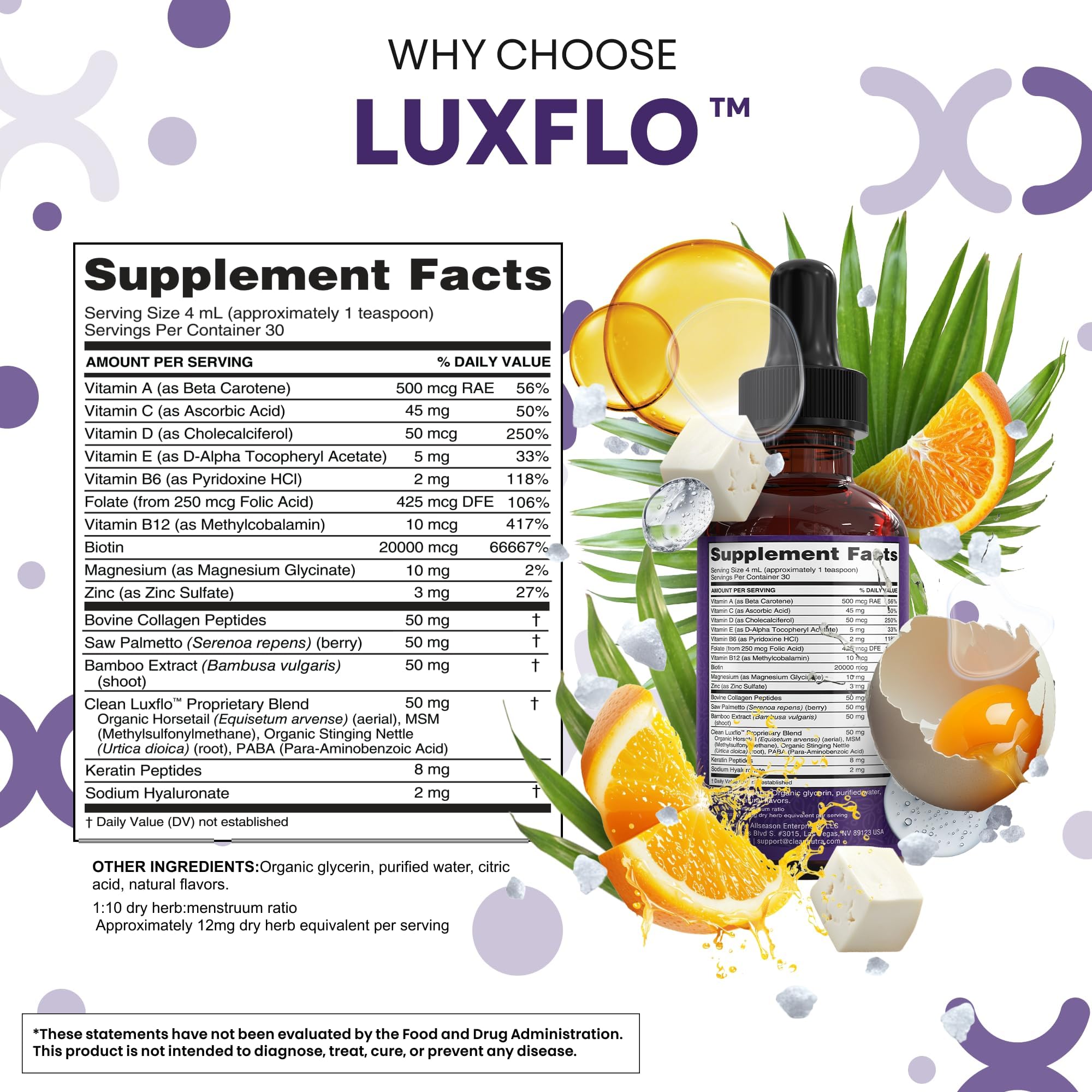 Liquid Biotin & Collagen Keratin Hyaluronic Acid Saw Palmetto Drops Vitamins for Hair Growth Support Silica Vitamin A C D Bamboo Turmeric Zinc Folate Magnesium Horsetail LuxFlo By Clean Nutra - TrustMedUSA