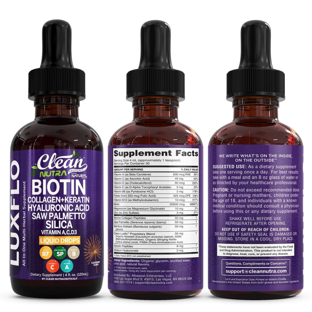 Liquid Biotin & Collagen Keratin Hyaluronic Acid Saw Palmetto Drops Vitamins for Hair Growth Support Silica Vitamin A C D Bamboo Turmeric Zinc Folate Magnesium Horsetail LuxFlo By Clean Nutra - TrustMedUSA