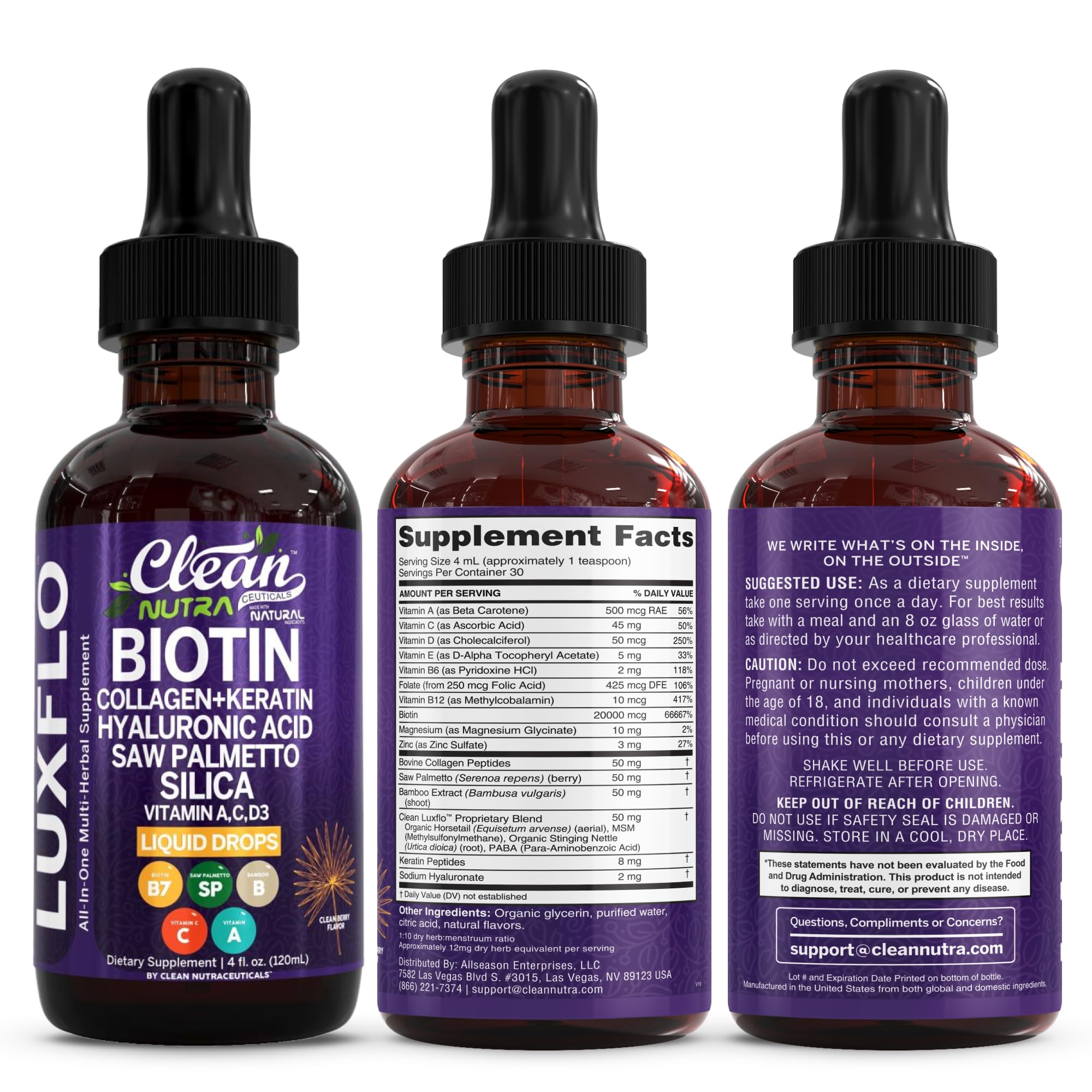 Liquid Biotin & Collagen Keratin Hyaluronic Acid Saw Palmetto Drops Vitamins for Hair Growth Support Silica Vitamin A C D Bamboo Turmeric Zinc Folate Magnesium Horsetail LuxFlo By Clean Nutra - TrustMedUSA