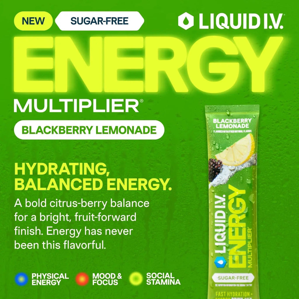 Liquid I.V.® Hydration Multiplier Sugar-Free + Energy - Blackberry Lemonade | Electrolyte Powder Drink Mix | 1 Pack (14 Servings) - TrustMedUSA