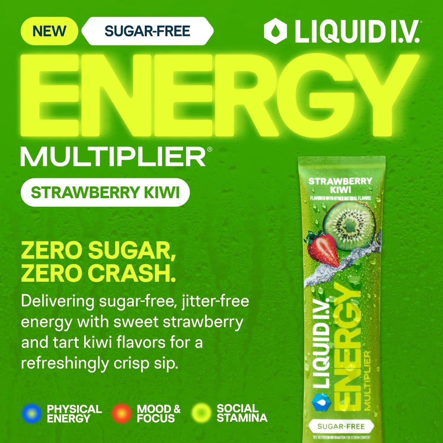 Liquid I.V.® Hydration Multiplier Sugar Free + Energy - Strawberry Kiwi | Electrolyte Powder Drink Mix | 1 Pack (14 Servings) - TrustMedUSA