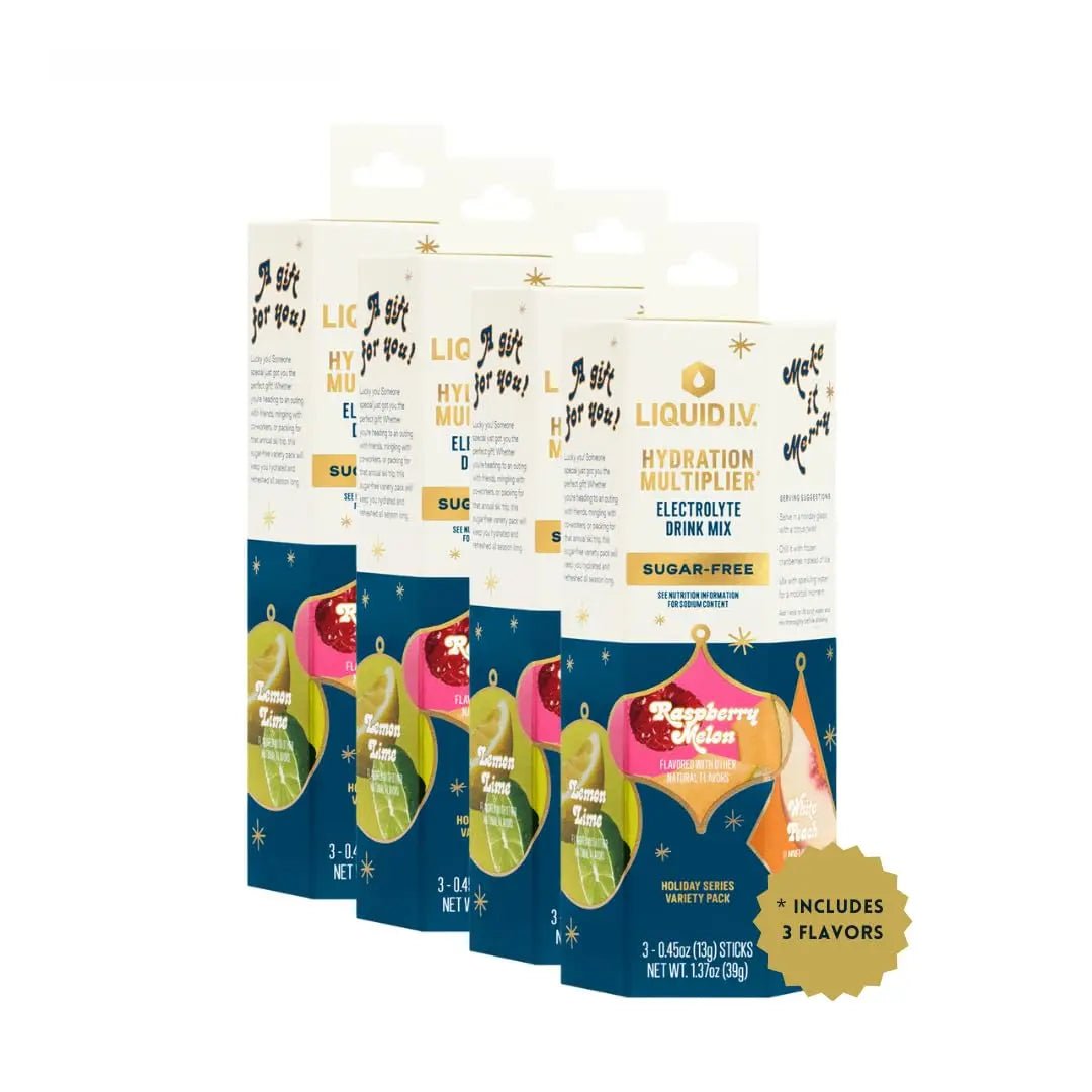 Liquid I.V.® Hydration Multiplier Sugar-Free - Variety Pack Stocking Stuffer - Raspberry Melon, Lemon Lime, and White Peach - 4 Pack (12 Sticks) - TrustMedUSA
