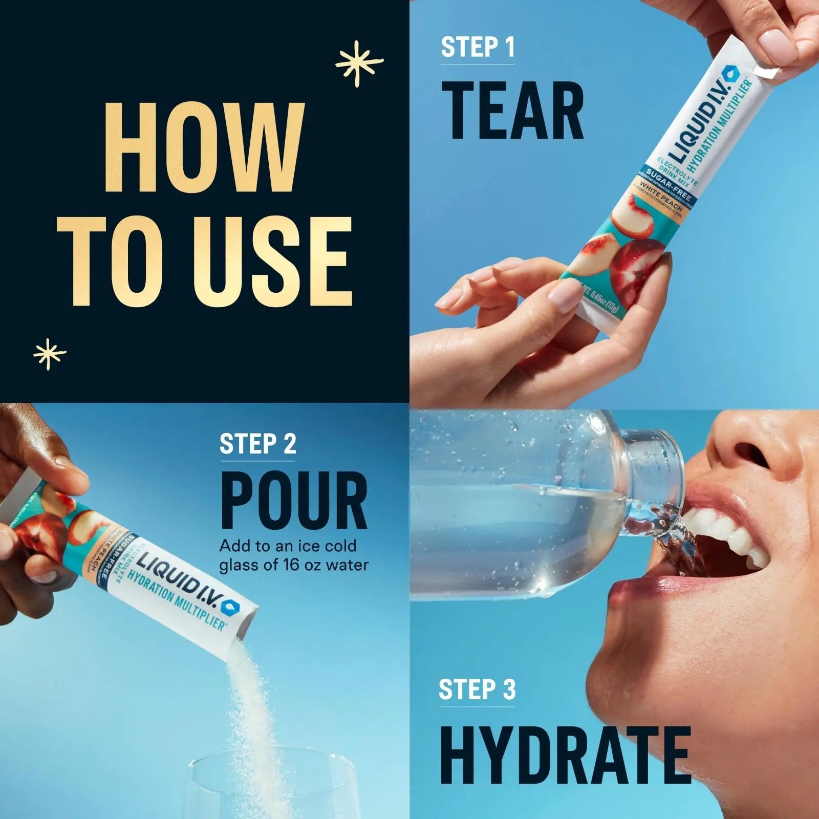 Liquid I.V.® Hydration Multiplier Sugar-Free - Variety Pack Stocking Stuffer - Raspberry Melon, Lemon Lime, and White Peach - 4 Pack (12 Sticks) - TrustMedUSA