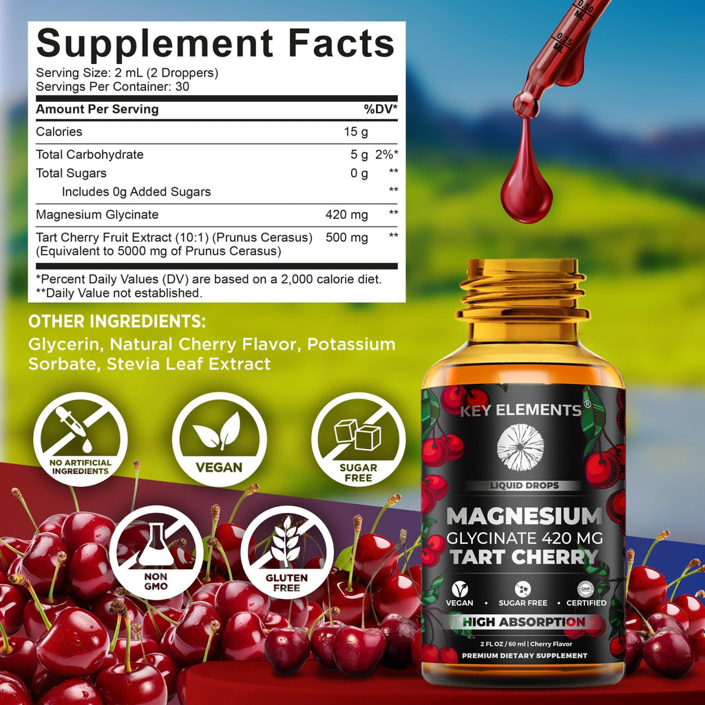 Liquid Magnesium Glycinate 420 Mg with Natural Tart Cherry Extract | Magnesium Glycinate Drops Supplement for Sleep, Mood & Mobility Support | Tart Cherry Extract - TrustMedUSA