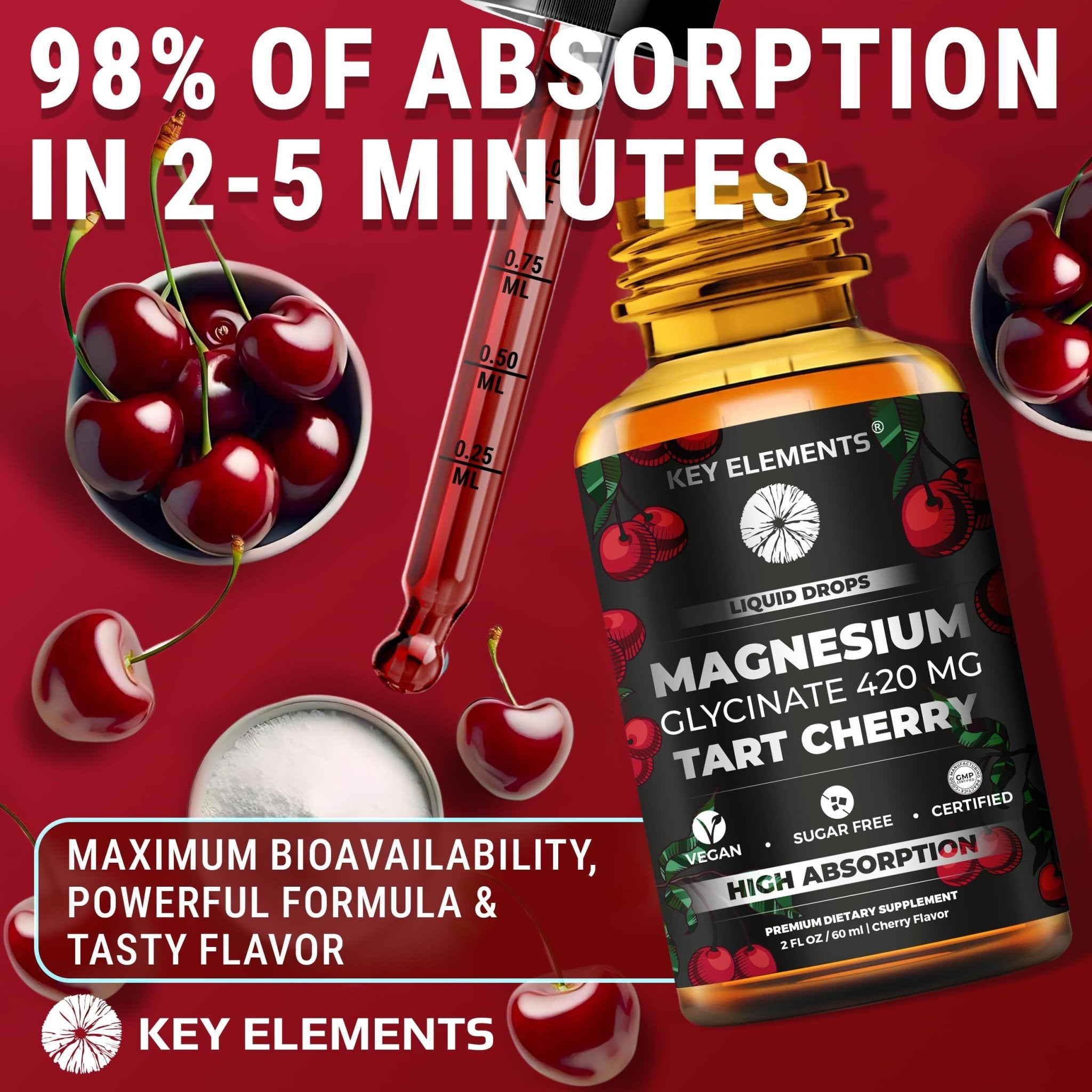 Liquid Magnesium Glycinate 420 Mg with Natural Tart Cherry Extract | Magnesium Glycinate Drops Supplement for Sleep, Mood & Mobility Support | Tart Cherry Extract - TrustMedUSA