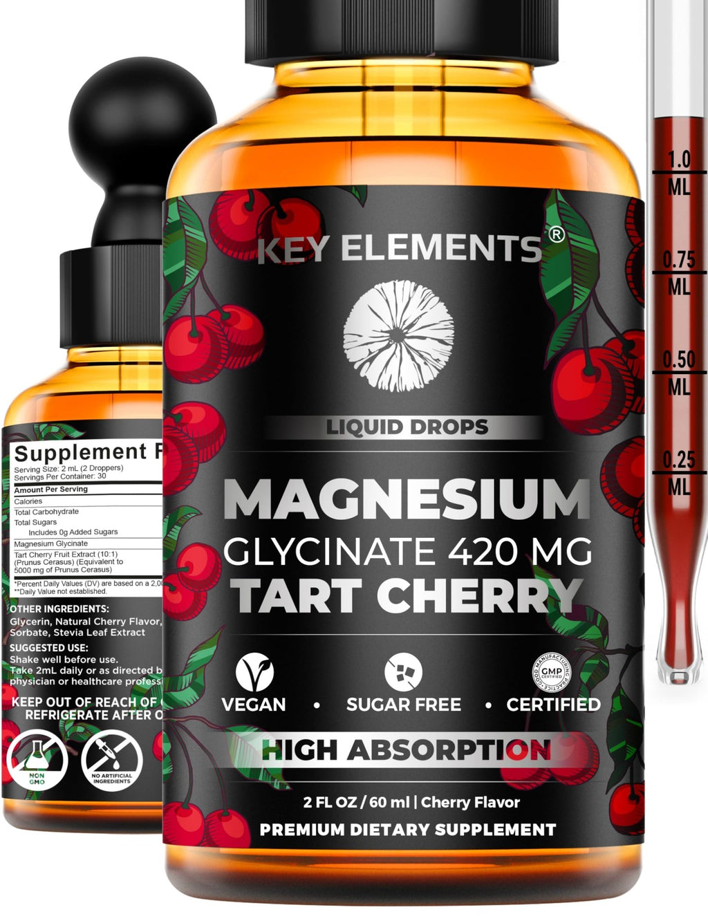 Liquid Magnesium Glycinate 420 Mg with Natural Tart Cherry Extract | Magnesium Glycinate Drops Supplement for Sleep, Mood & Mobility Support | Tart Cherry Extract - TrustMedUSA