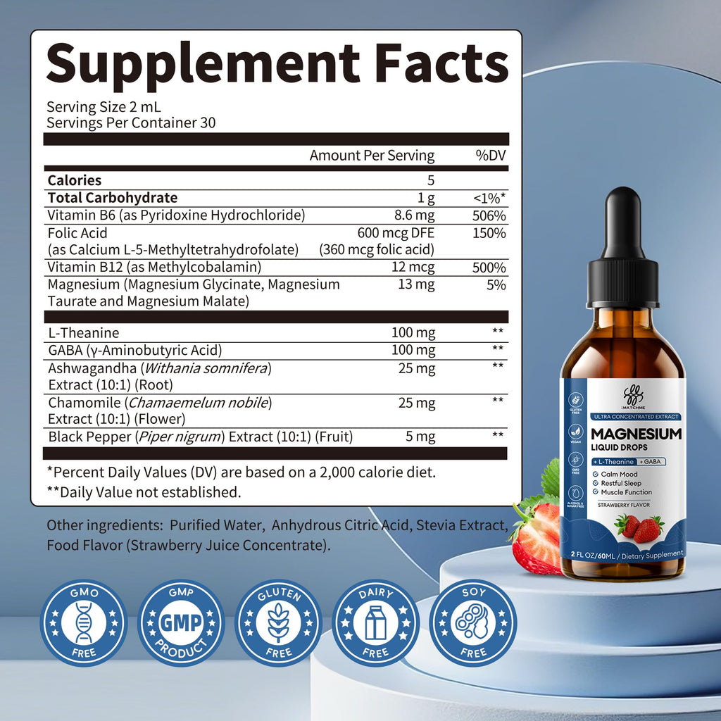 Liquid Magnesium Glycinate Drops for Nighttime Sleep & Calm Support, Triple Chelated Magnesium Complex with L-Theanine & GABA, Pre-Dissolved Liquid for Gentle Absorption, Strawberry Flavor, 2 Fl Oz - TrustMedUSA