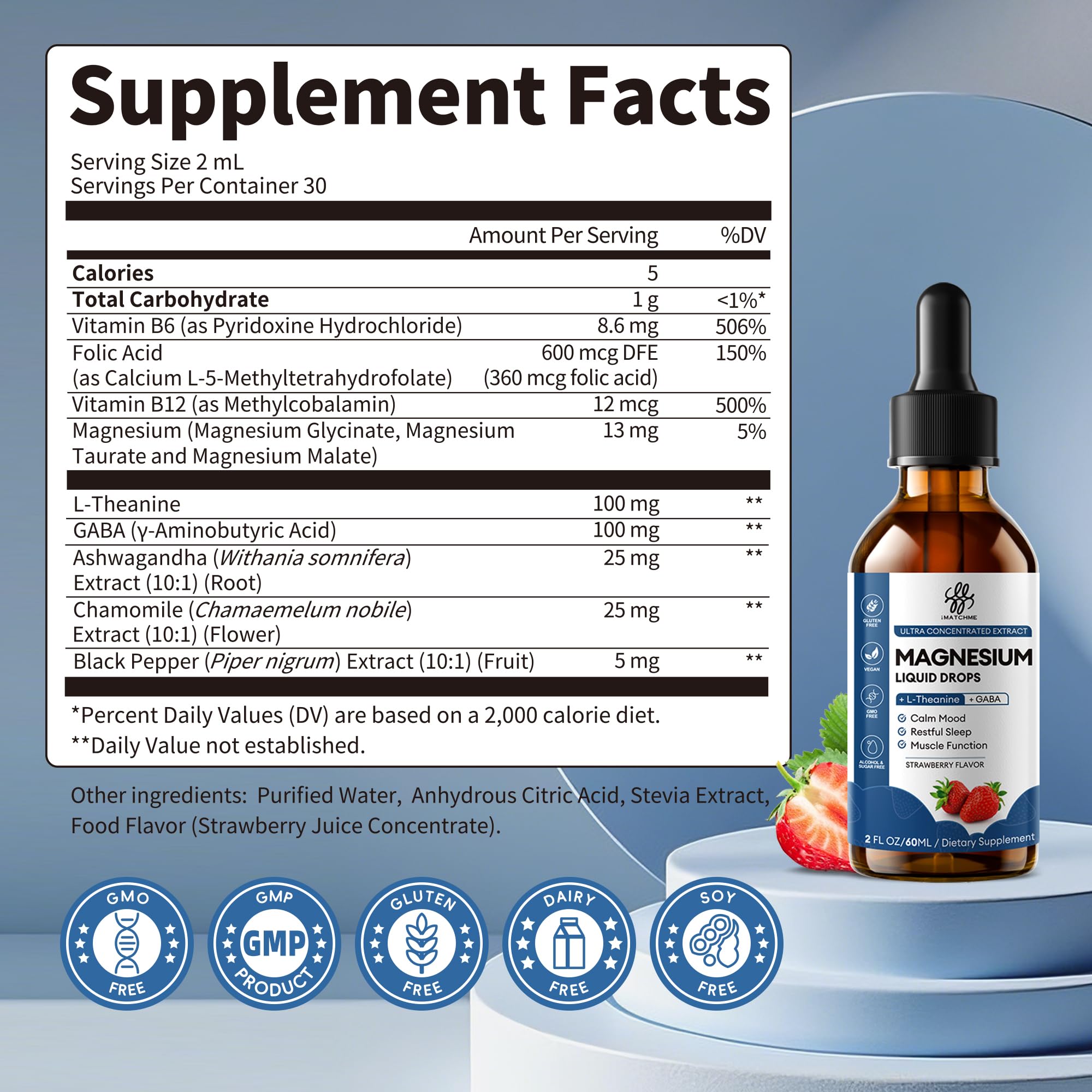 Liquid Magnesium Glycinate Drops for Nighttime Sleep & Calm Support, Triple Chelated Magnesium Complex with L-Theanine & GABA, Pre-Dissolved Liquid for Gentle Absorption, Strawberry Flavor, 2 Fl Oz - TrustMedUSA
