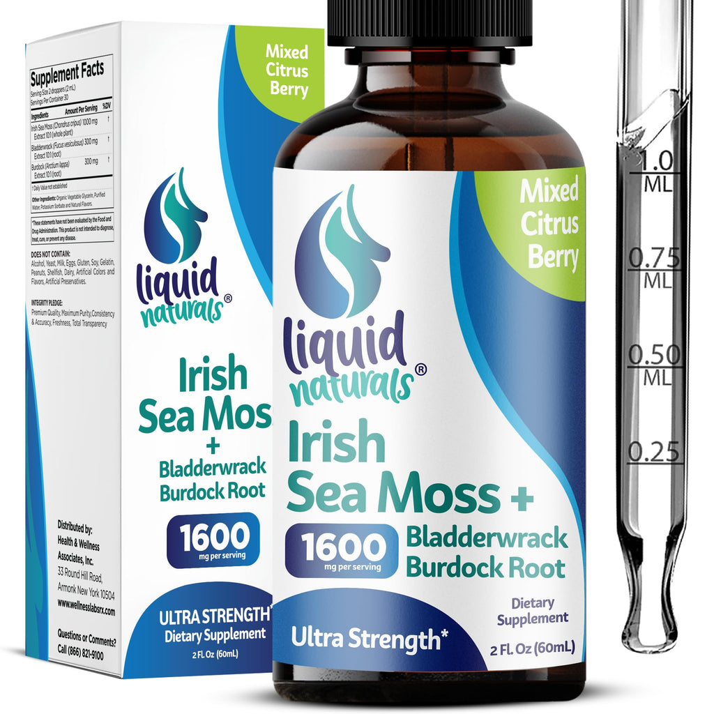 Liquid Naturals Irish Sea Moss Drops - Citrus Berry Flavor - 92+ Essential Minerals & Vitamins - Energy, Skin, Gut, Recovery - Bladderwrack and Burdock Root - 2 fl. oz - TrustMedUSA
