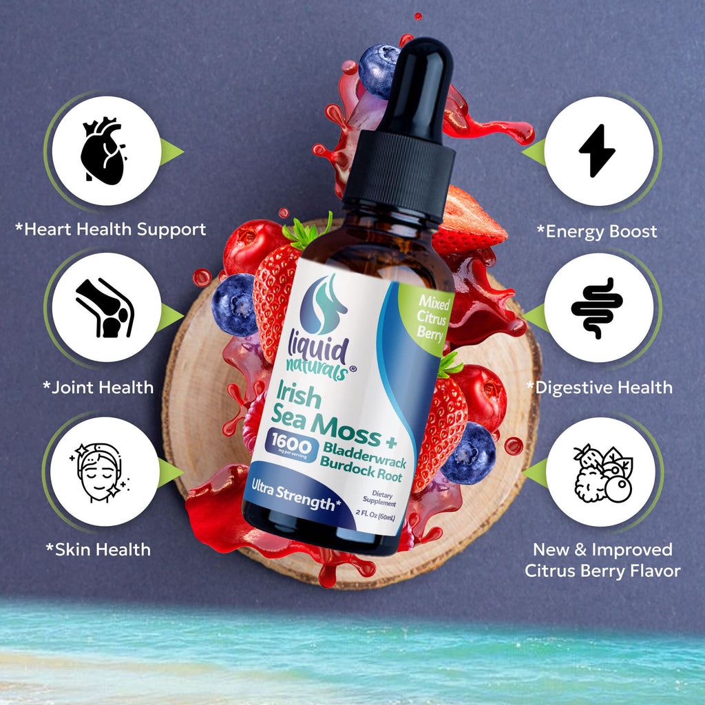 Liquid Naturals Irish Sea Moss Drops - Citrus Berry Flavor - 92+ Essential Minerals & Vitamins - Energy, Skin, Gut, Recovery - Bladderwrack and Burdock Root - 2 fl. oz - TrustMedUSA