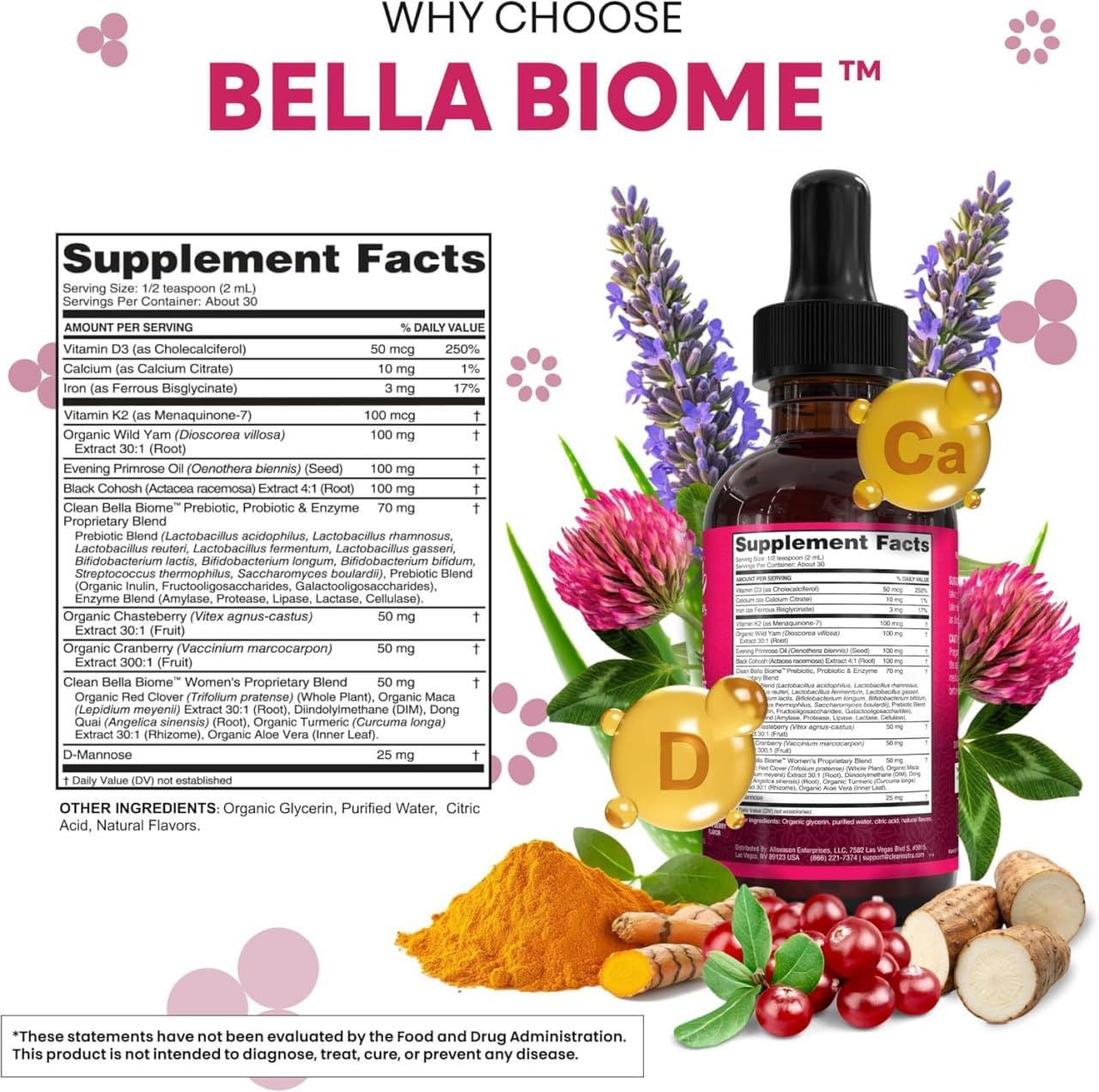Liquid Probiotics for Women Drops with Chasteberry, Black Cohosh, Prebiotics, Digestive Enzymes, Evening Primrose Oil, Wild Yam, Cranberry Dmannose and Iron Vitamin D3 K2 Clean Nutra Bella Biotics - Maple Wellness Supplements