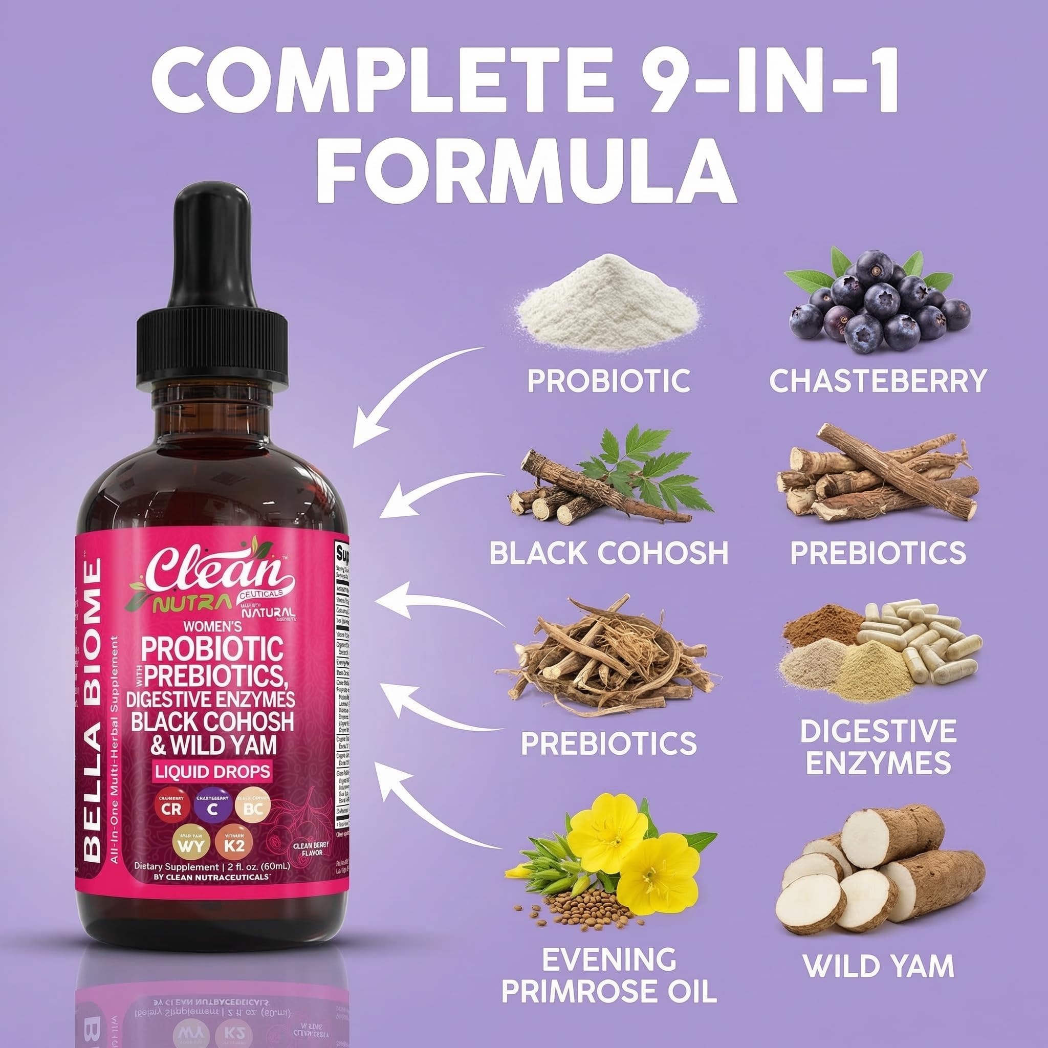 Liquid Probiotics for Women Drops with Chasteberry, Black Cohosh, Prebiotics, Digestive Enzymes, Evening Primrose Oil, Wild Yam, Cranberry Dmannose and Iron Vitamin D3 K2 Clean Nutra Bella Biotics - Maple Wellness Supplements