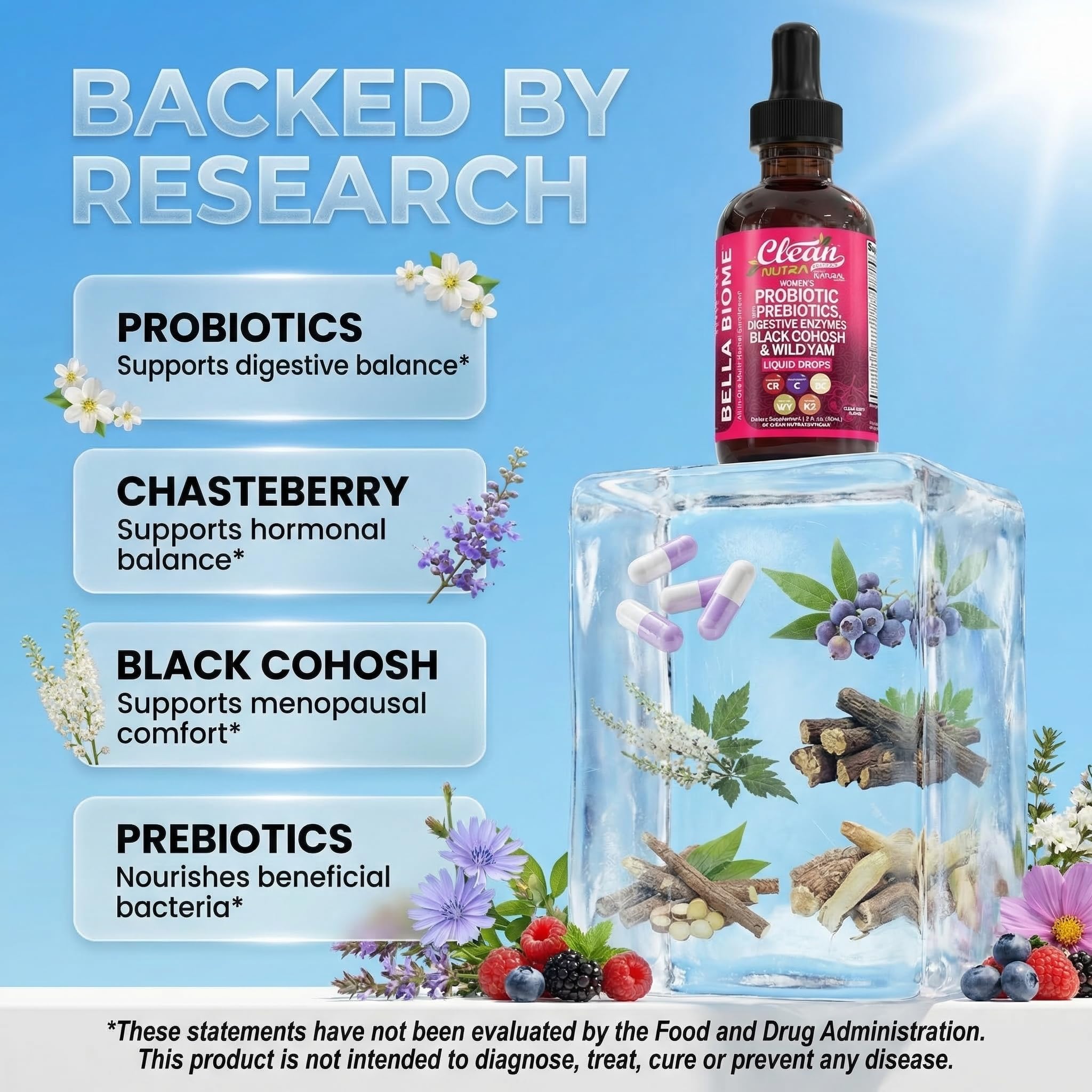 Liquid Probiotics for Women Drops with Chasteberry, Black Cohosh, Prebiotics, Digestive Enzymes, Evening Primrose Oil, Wild Yam, Cranberry Dmannose and Iron Vitamin D3 K2 Clean Nutra Bella Biotics - Maple Wellness Supplements