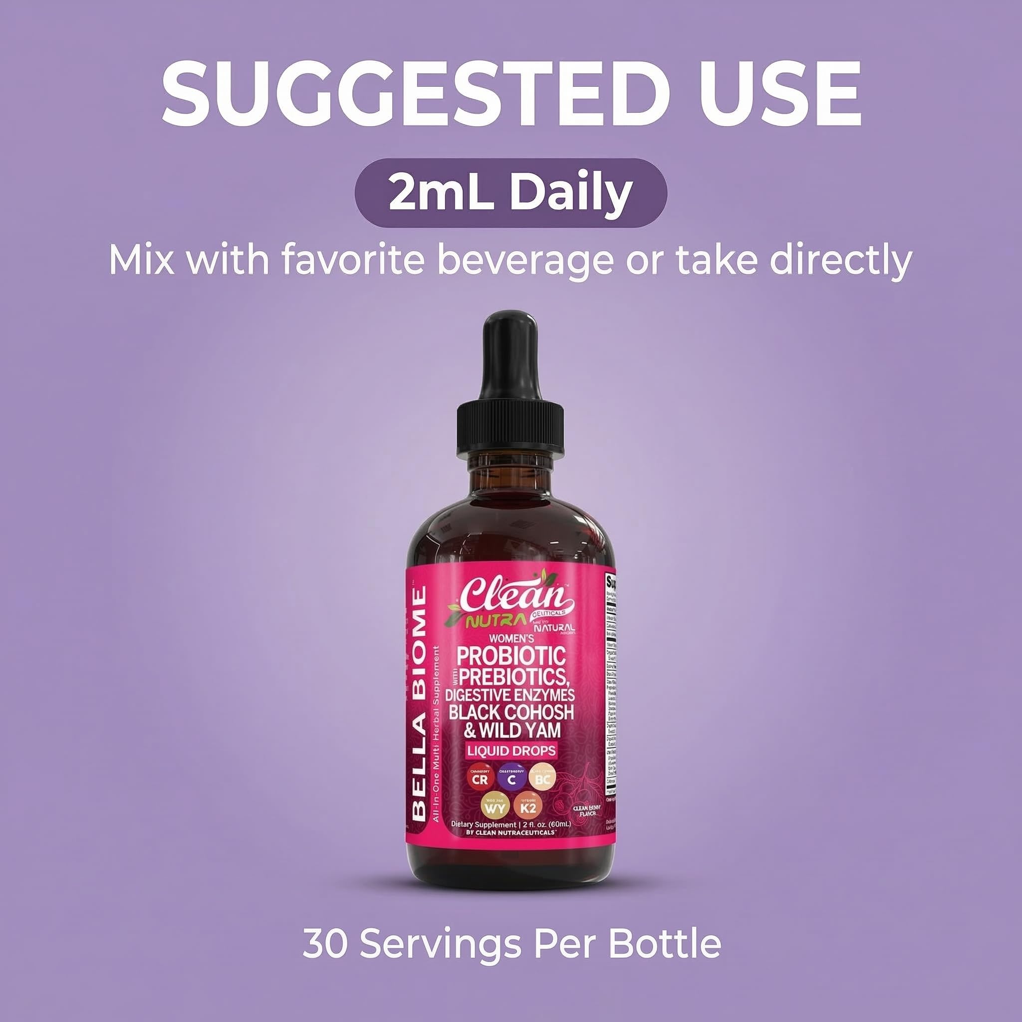 Liquid Probiotics for Women Drops with Chasteberry, Black Cohosh, Prebiotics, Digestive Enzymes, Evening Primrose Oil, Wild Yam, Cranberry Dmannose and Iron Vitamin D3 K2 Clean Nutra Bella Biotics - Maple Wellness Supplements