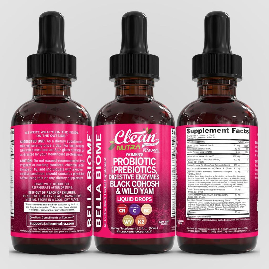 Liquid Probiotics for Women Drops with Chasteberry, Black Cohosh, Prebiotics, Digestive Enzymes, Evening Primrose Oil, Wild Yam, Cranberry Dmannose and Iron Vitamin D3 K2 Clean Nutra Bella Biotics - Maple Wellness Supplements