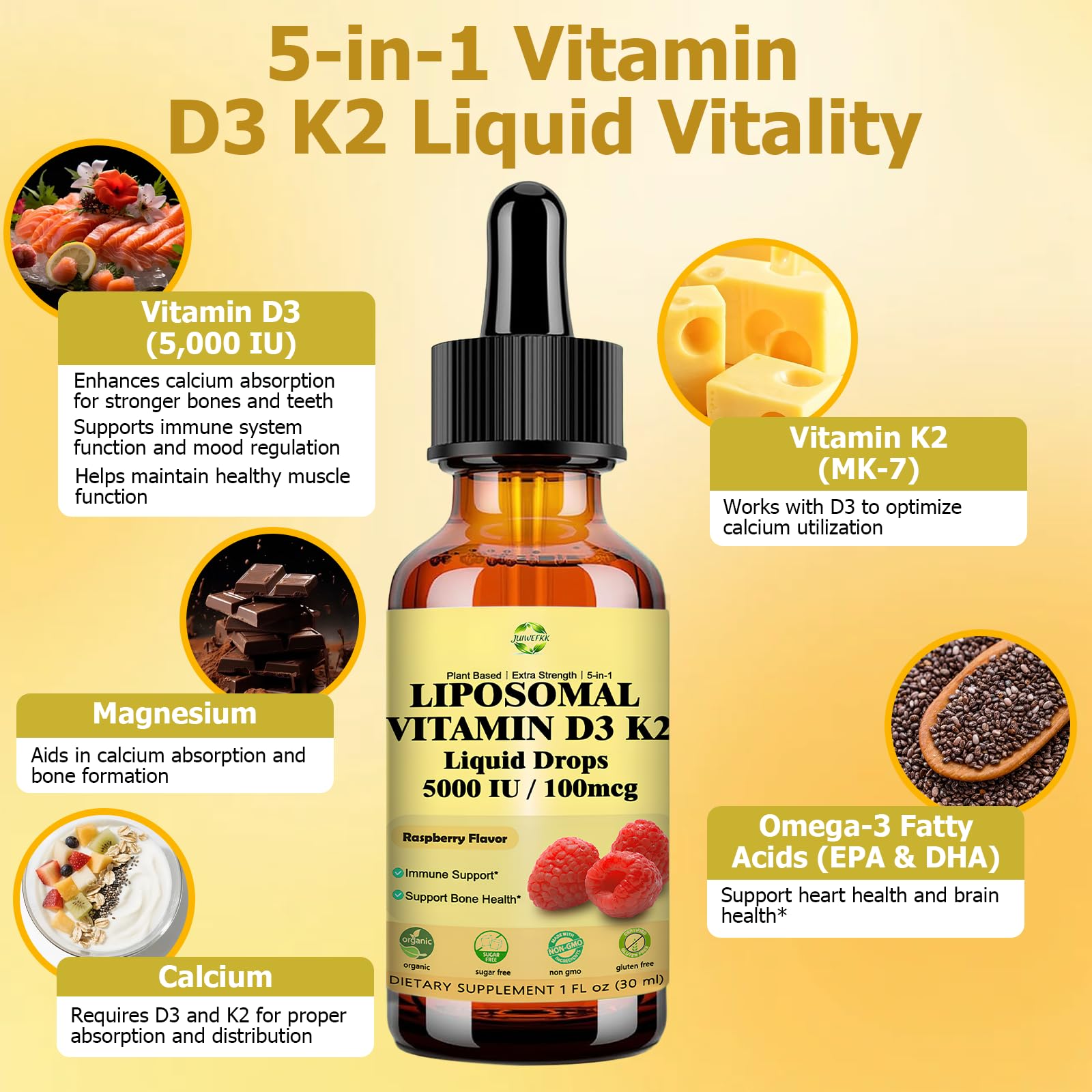 Liquid Vitamin D3 K2 Drops with Calcium Magnesium Omega3, High Potency 5-in-1 D3 K2 Vitamin 5000 IU Supplement for Bone Health, Heart Teeth & Immue, Ultra High Absorption Liposomal D3K2 Plant-Based - TrustMedUSA