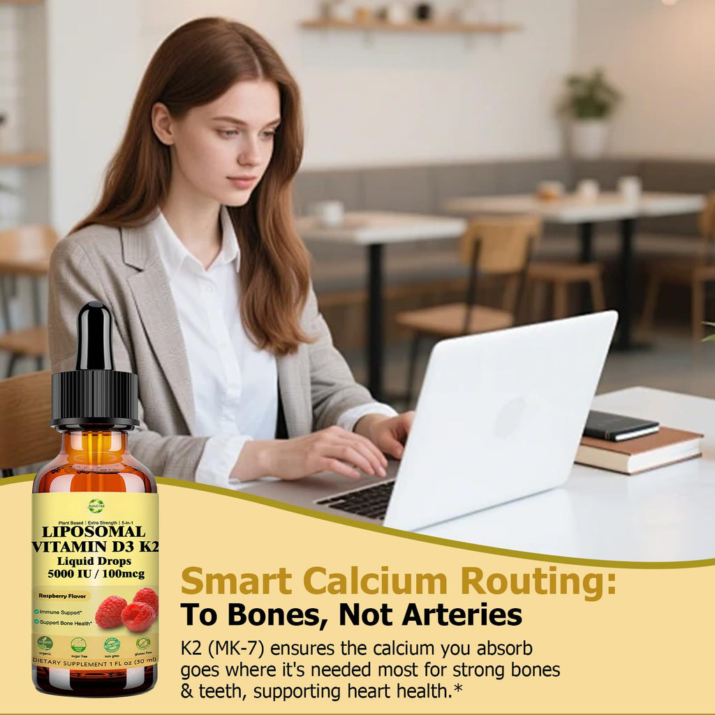 Liquid Vitamin D3 K2 Drops with Calcium Magnesium Omega3, High Potency 5-in-1 D3 K2 Vitamin 5000 IU Supplement for Bone Health, Heart Teeth & Immue, Ultra High Absorption Liposomal D3K2 Plant-Based - TrustMedUSA
