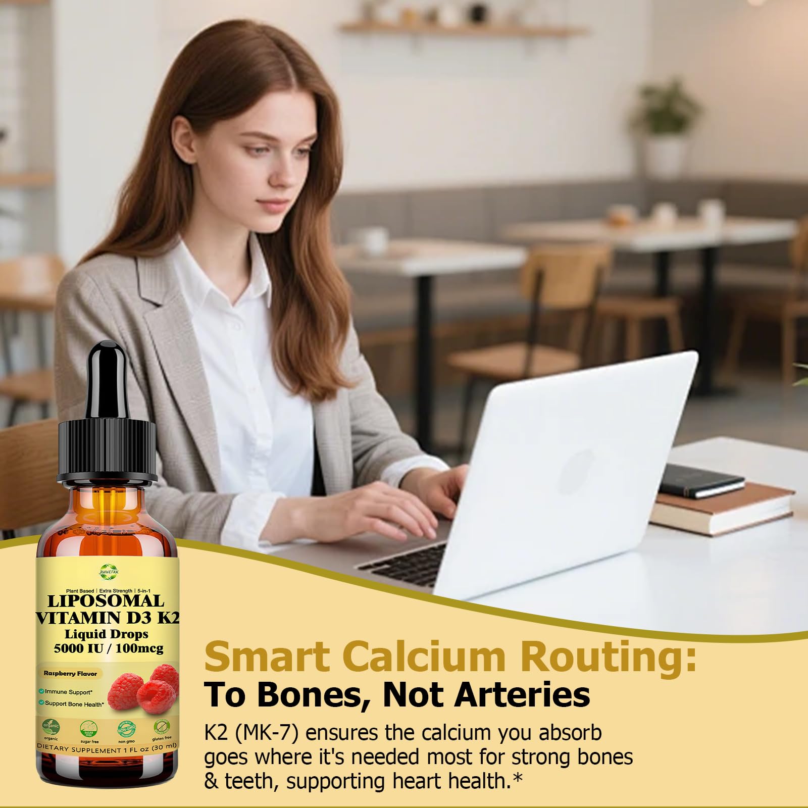 Liquid Vitamin D3 K2 Drops with Calcium Magnesium Omega3, High Potency 5-in-1 D3 K2 Vitamin 5000 IU Supplement for Bone Health, Heart Teeth & Immue, Ultra High Absorption Liposomal D3K2 Plant-Based - TrustMedUSA