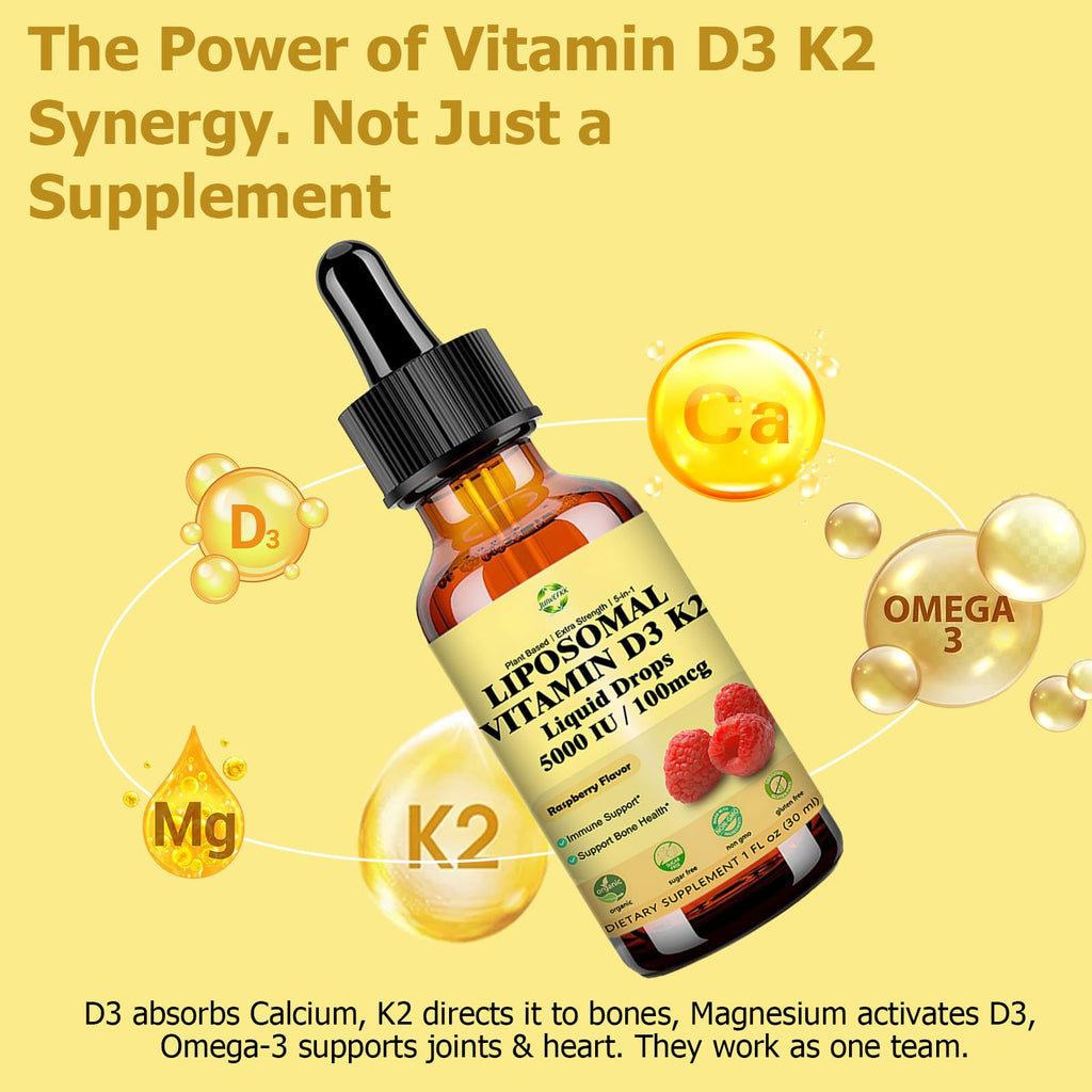 Liquid Vitamin D3 K2 Drops with Calcium Magnesium Omega3, High Potency 5-in-1 D3 K2 Vitamin 5000 IU Supplement for Bone Health, Heart Teeth & Immue, Ultra High Absorption Liposomal D3K2 Plant-Based - TrustMedUSA
