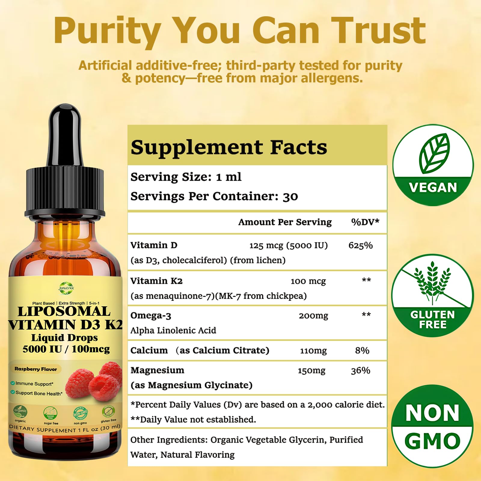 Liquid Vitamin D3 K2 Drops with Calcium Magnesium Omega3, High Potency 5-in-1 D3 K2 Vitamin 5000 IU Supplement for Bone Health, Heart Teeth & Immue, Ultra High Absorption Liposomal D3K2 Plant-Based - TrustMedUSA